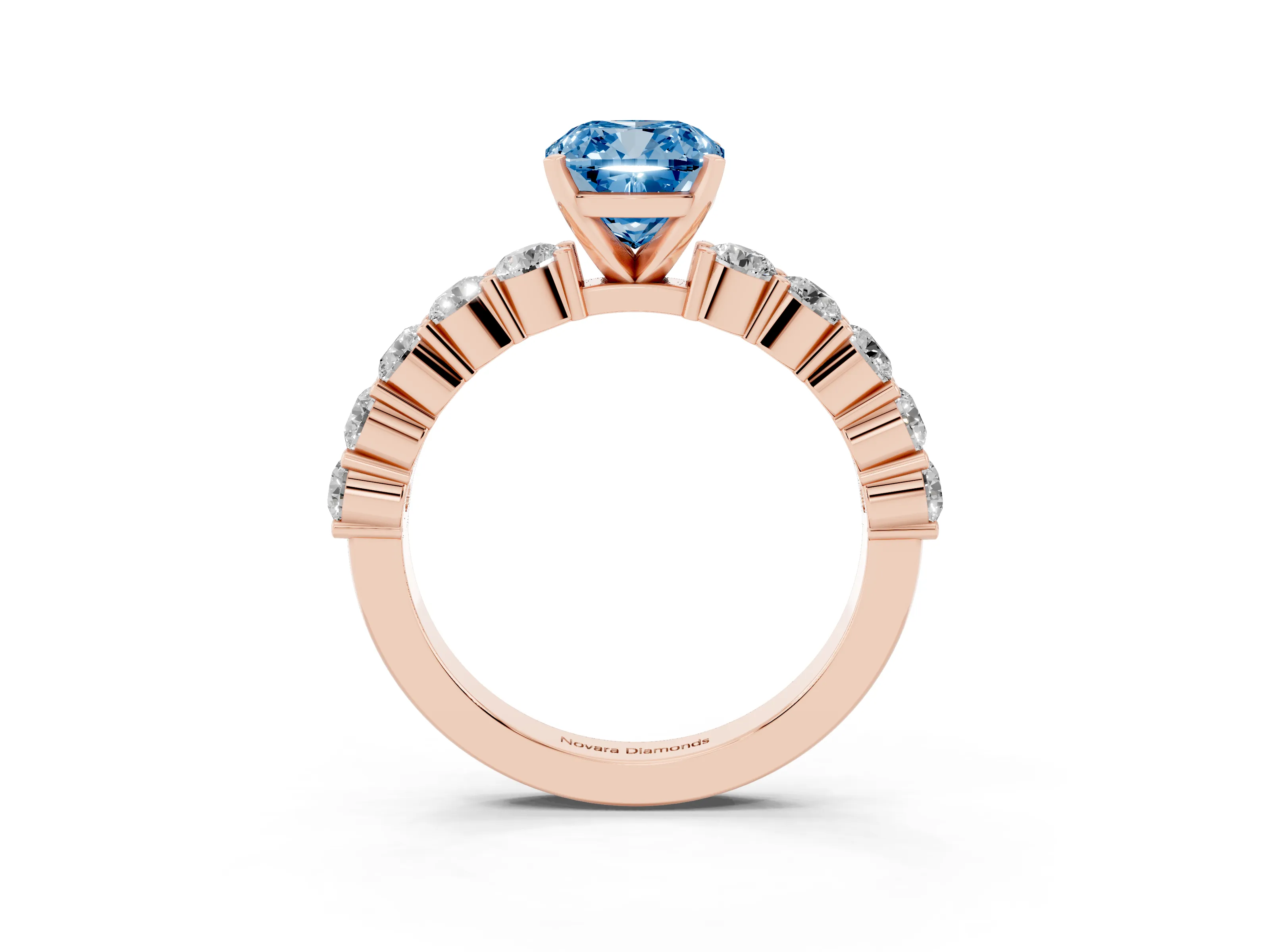 Fancy Blue Cushion Cut Diamond Solitaire Ring Set in Rose gold with Shared Prong Round Side Stones