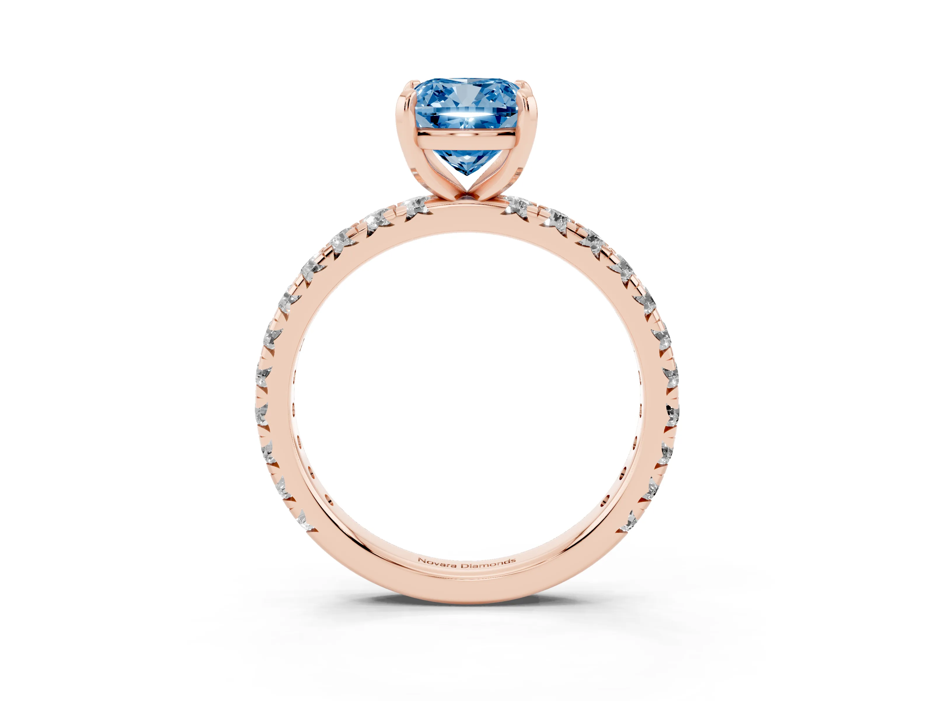 Fancy Blue Cushion Cut Diamond Pavé Solitaire Ring Set in Rose gold with Round Band and Prong Setting