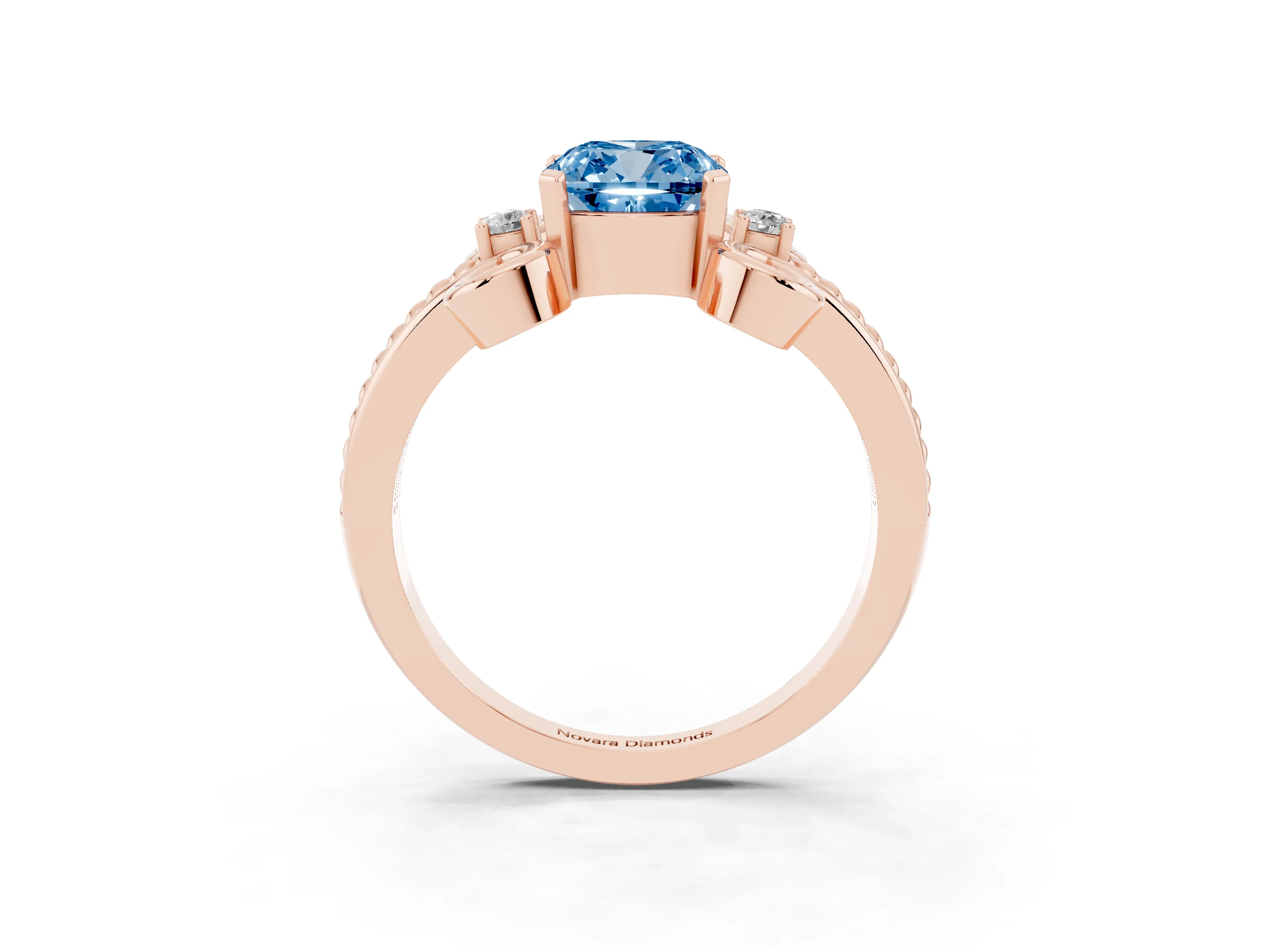 Fancy Blue Cushion Cut Diamond Twisted Band Solitaire Ring Set in Rose gold with Scroll Prongs