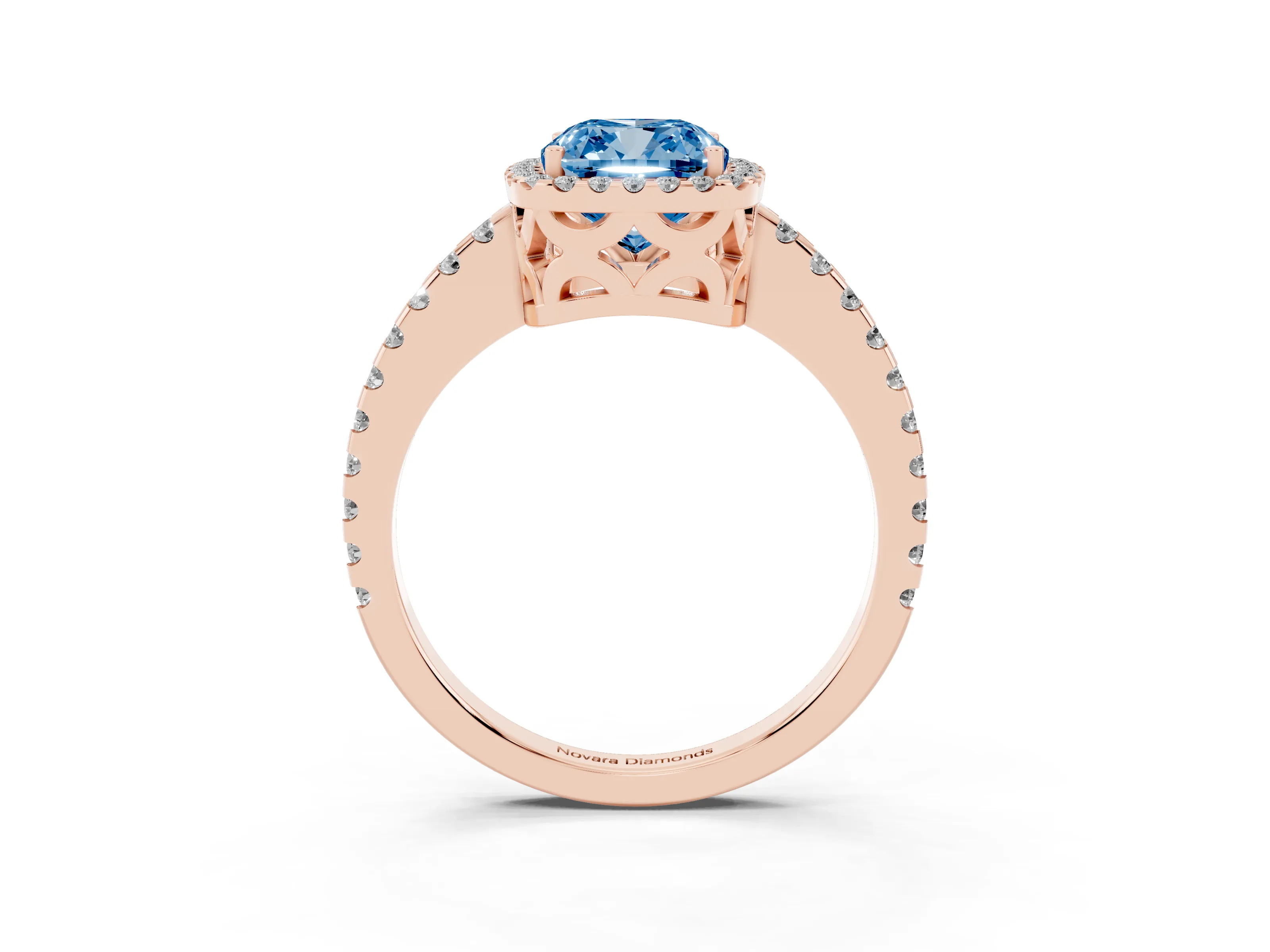 Fancy Blue Cushion Cut Diamond Halo Ring Set in Rose gold with Pavé Shoulders and Halo-Framed Center