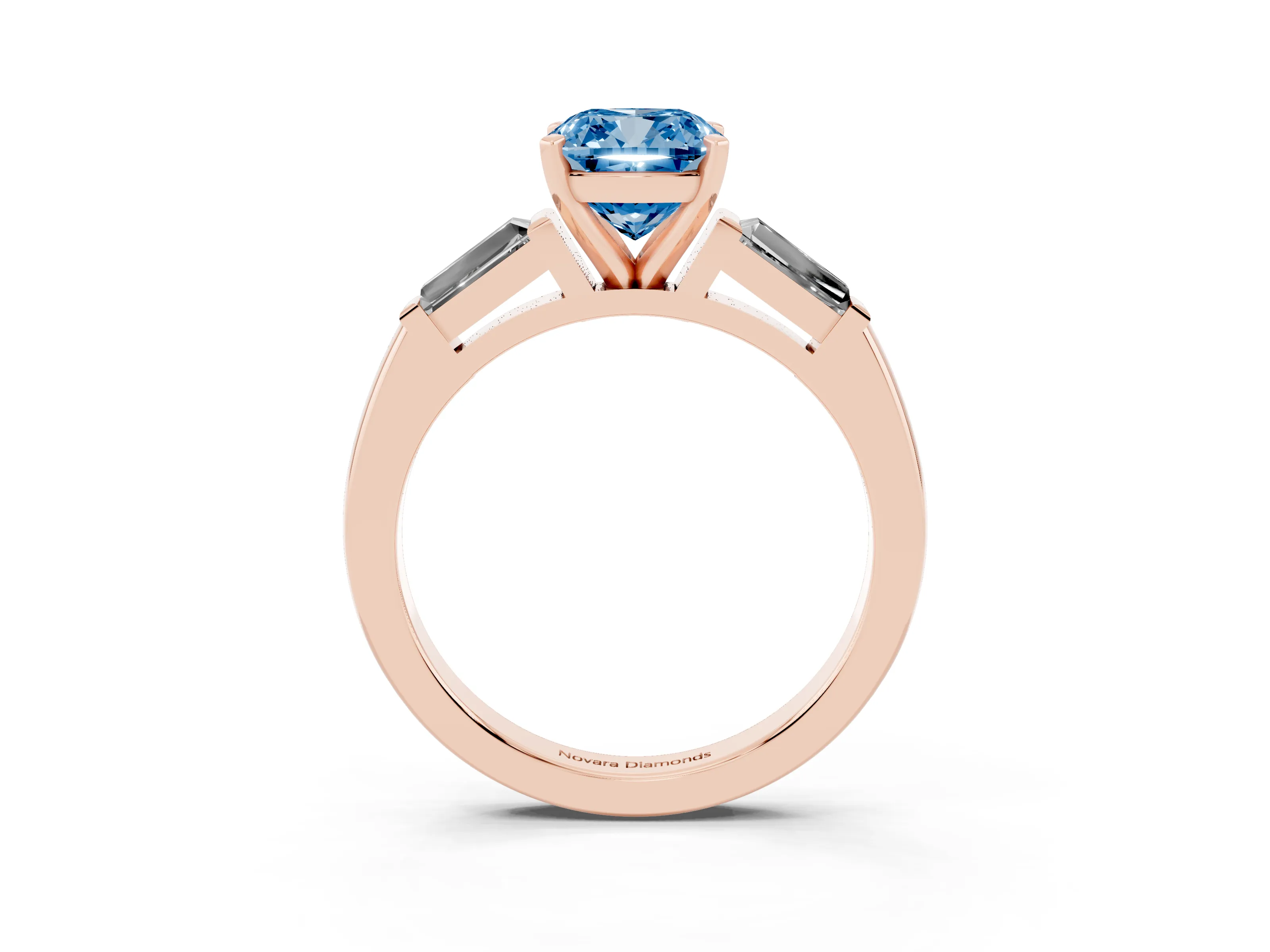 Fancy Blue Cushion Cut Diamond Solitaire Ring Set in Rose gold with Tapered Baguette Side Stones and Prong Setting