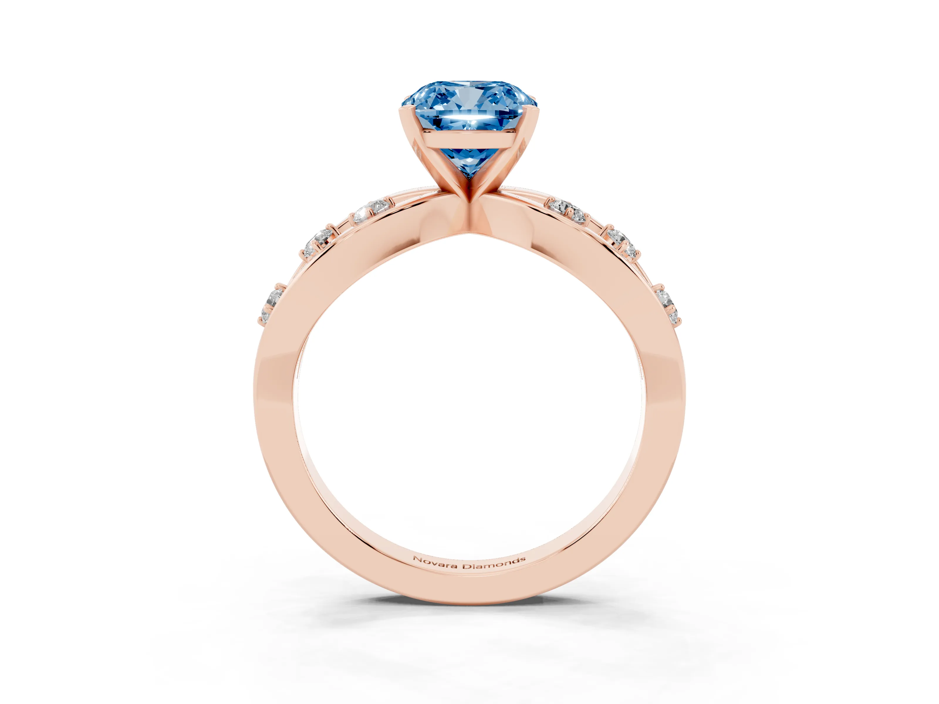 Fancy Blue Cushion Cut Diamond Solitaire Ring Set in Rose gold with Side Stones on Criss-Cross Band and Prong Setting