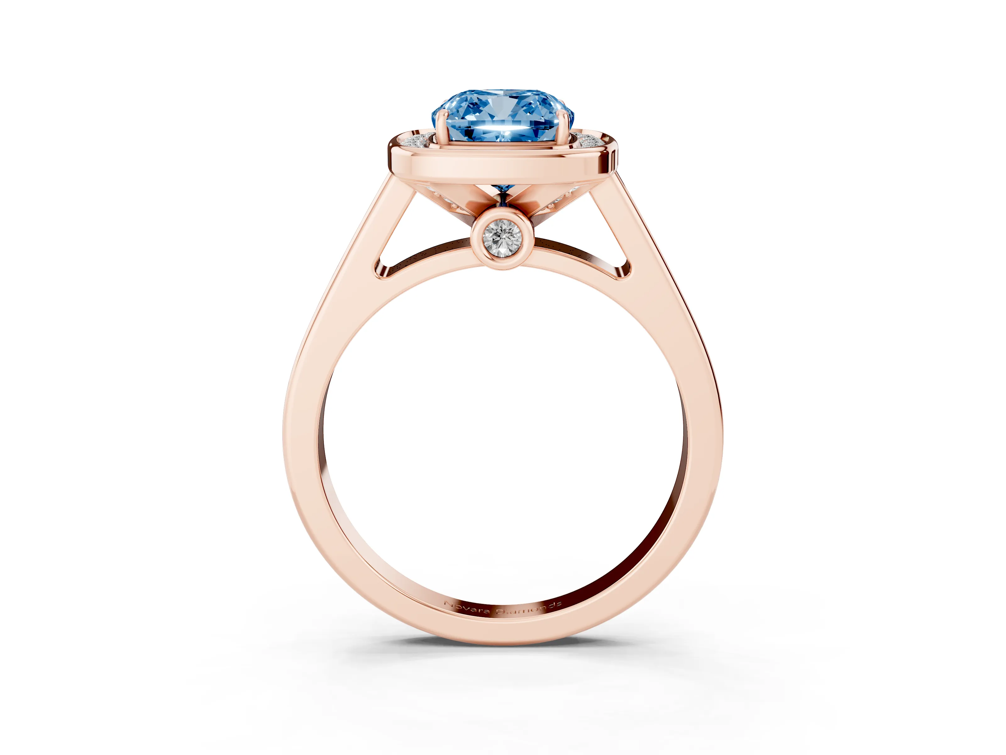 Fancy Blue Cushion Cut Diamond Halo Solitaire Ring Set in Rose gold with Pavé Band and Bezel Setting