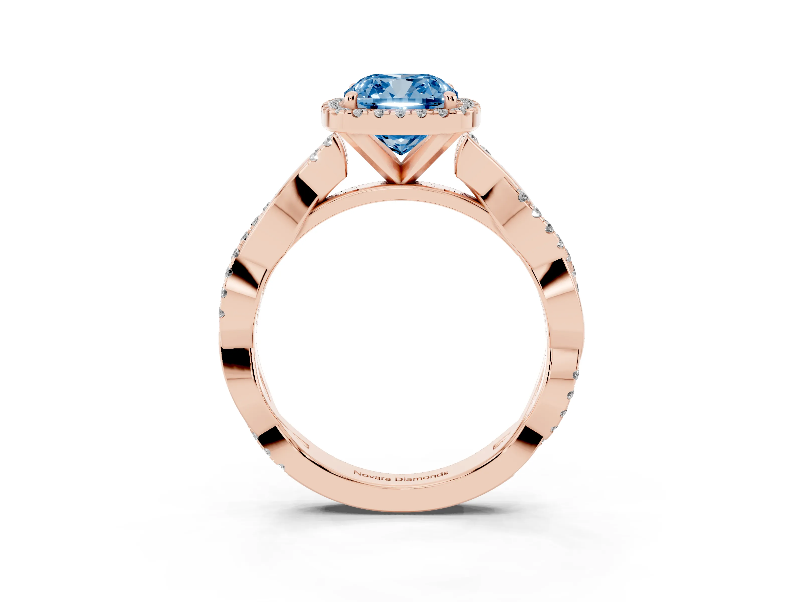 Fancy Blue Cushion Cut Diamond Halo Twisted Band Ring Set in Rose gold with Prong Setting
