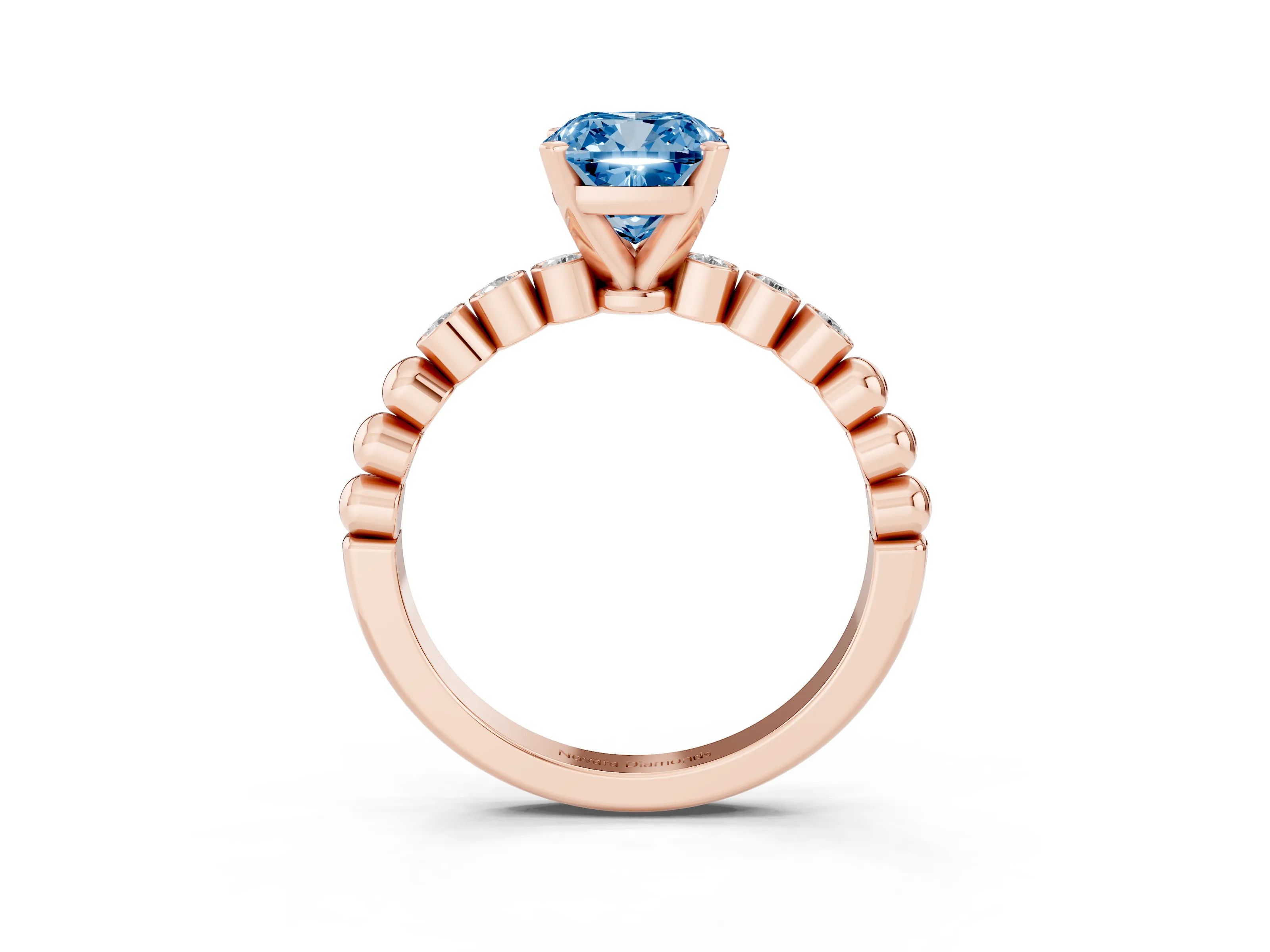 Fancy Blue Cushion Cut Diamond Solitaire Engagement Ring Set in Rose gold with Bezel Accents on Beaded Band