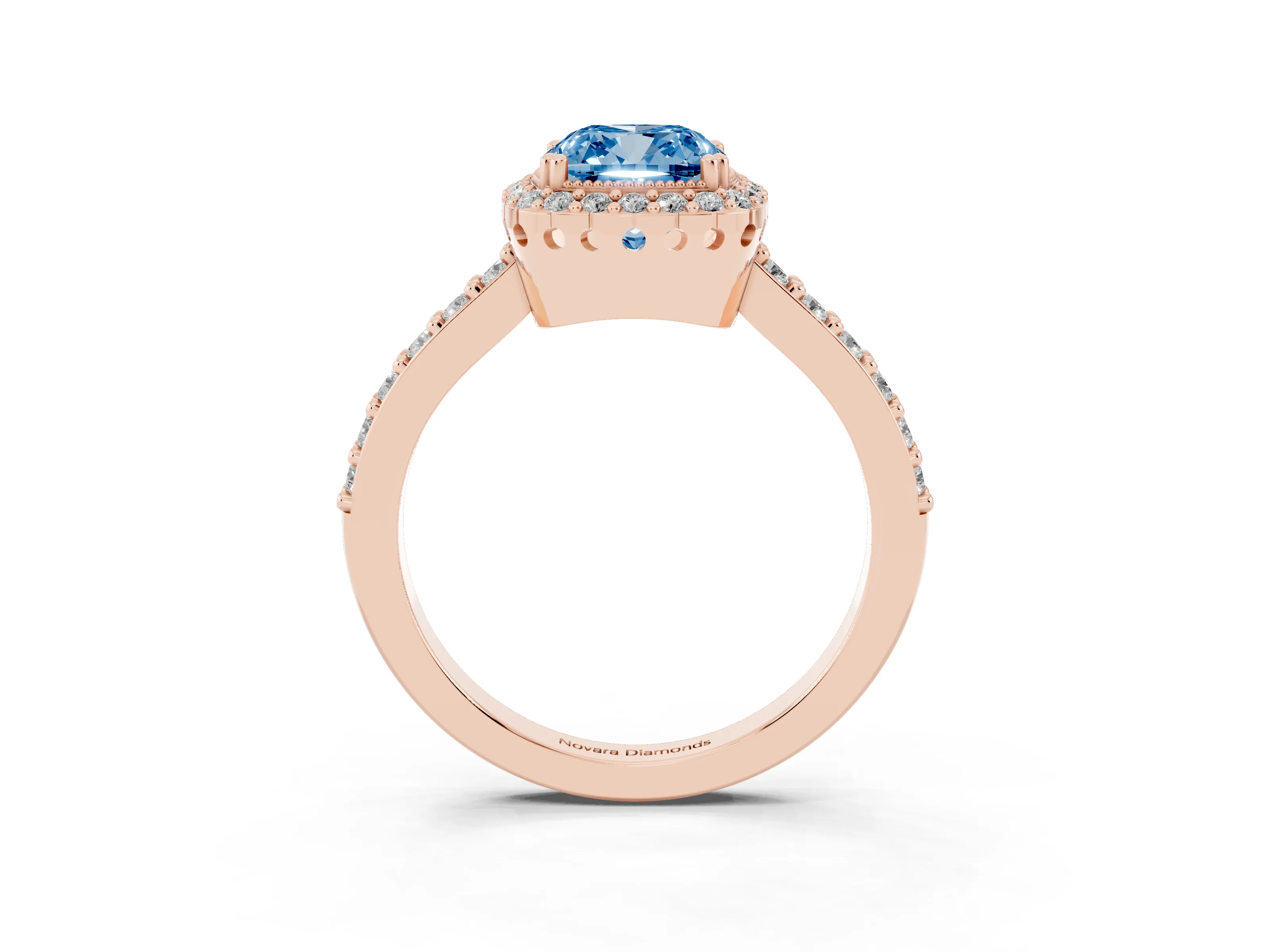 Fancy Blue Cushion Cut Diamond Halo Engagement Ring Set in Rose gold with Milgrain Detail and Pavé Band
