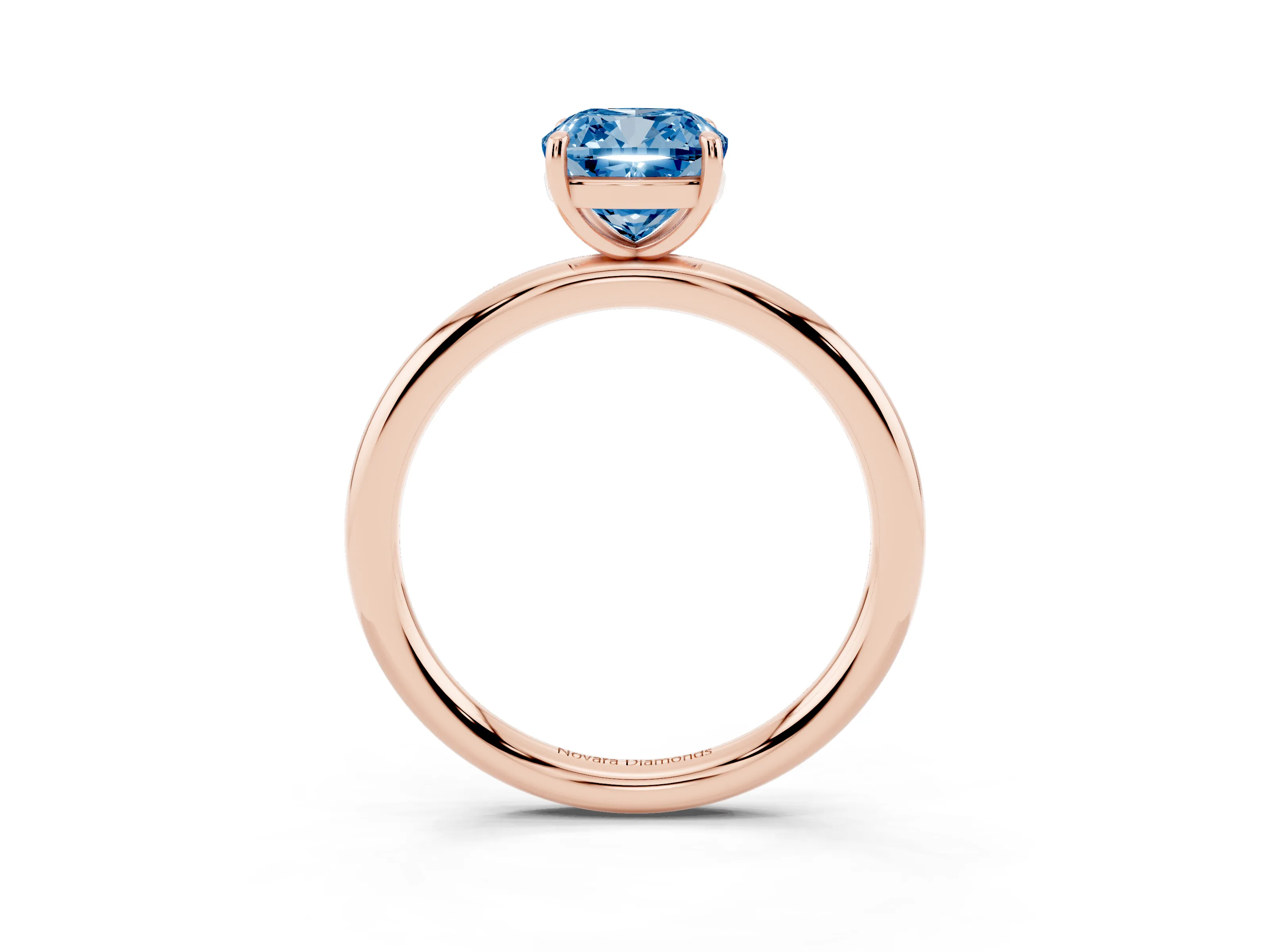 Fancy Blue Cushion Cut Diamond Solitaire Ring Set in Rose gold with Prong Setting on a Polished Plain Band