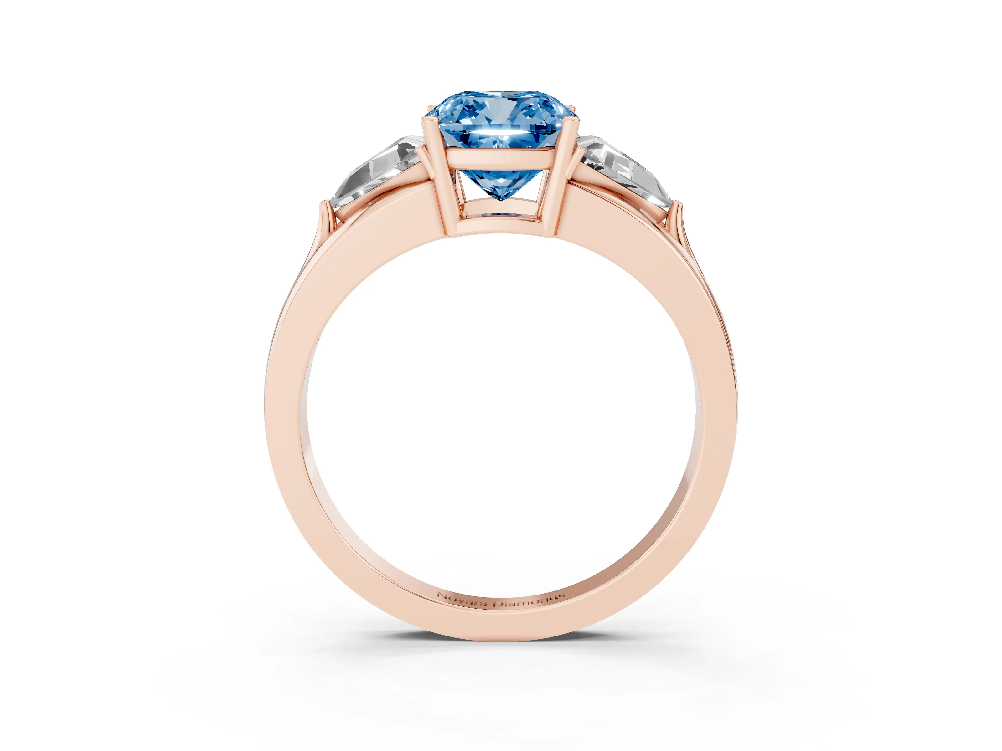 Fancy Blue Cushion Cut Diamond Three-Stone Ring Set in Rose gold with Trillion Side Stones and Split Shank