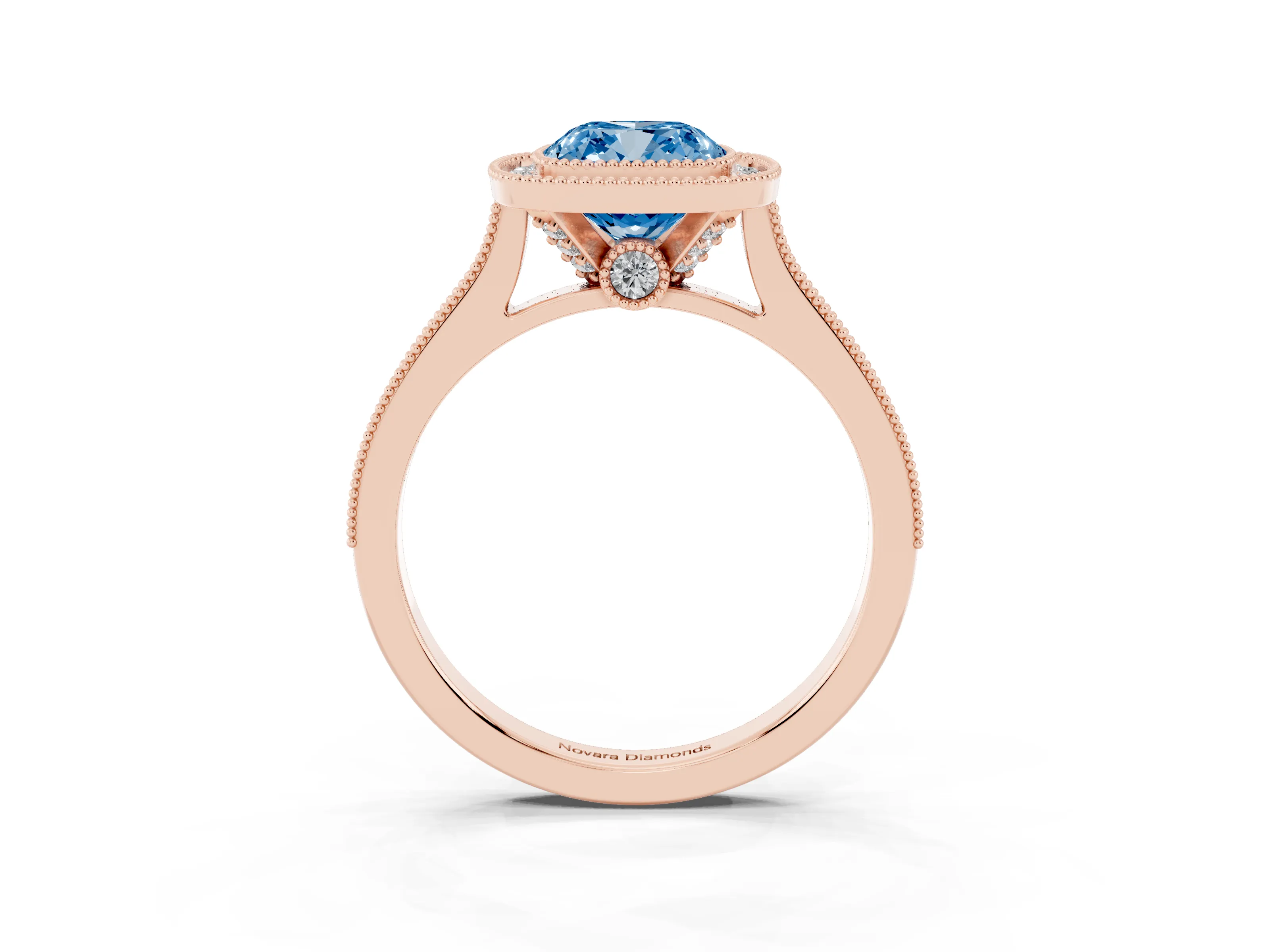 Fancy Blue Cushion Cut Diamond Halo Milgrain Pavé Band Ring Set in Rose gold with Prong Setting