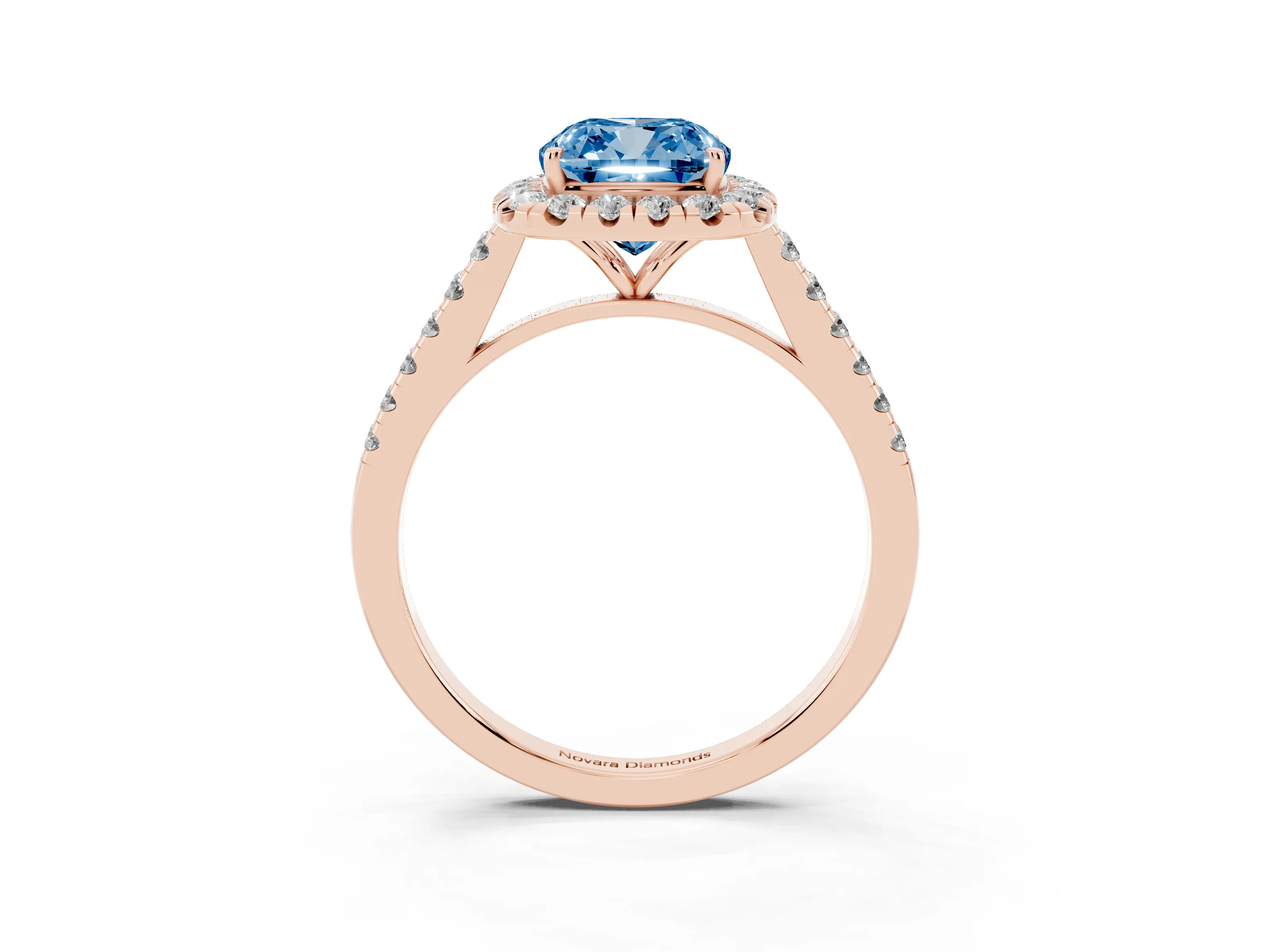 Fancy Blue Cushion Cut Diamond Halo Pavé Engagement Ring Set in Rose gold with Prong Setting