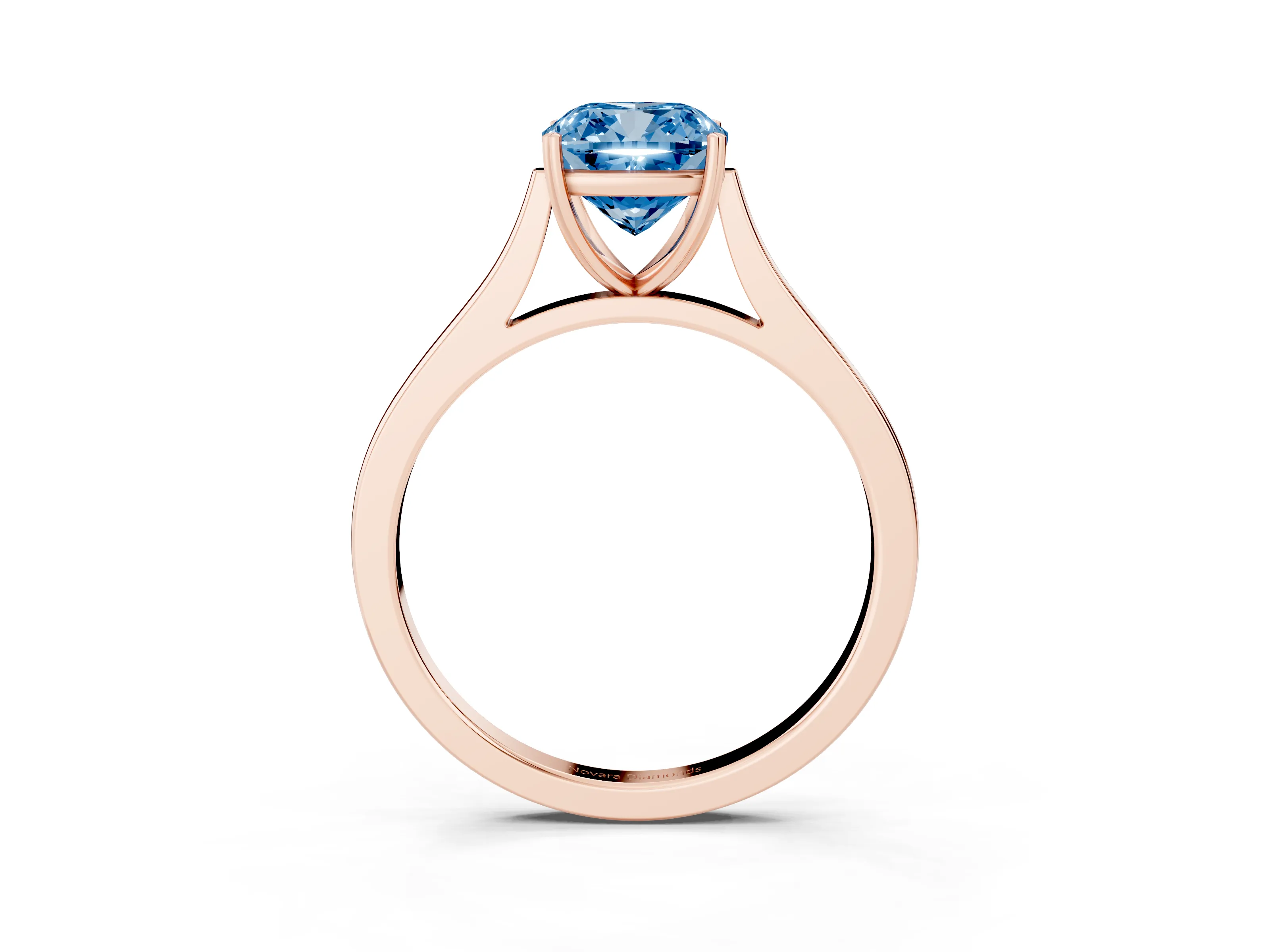 Fancy Blue Cushion Cut Diamond Solitaire Heart Prong Engagement Ring Set in Rose gold with Tapered Band