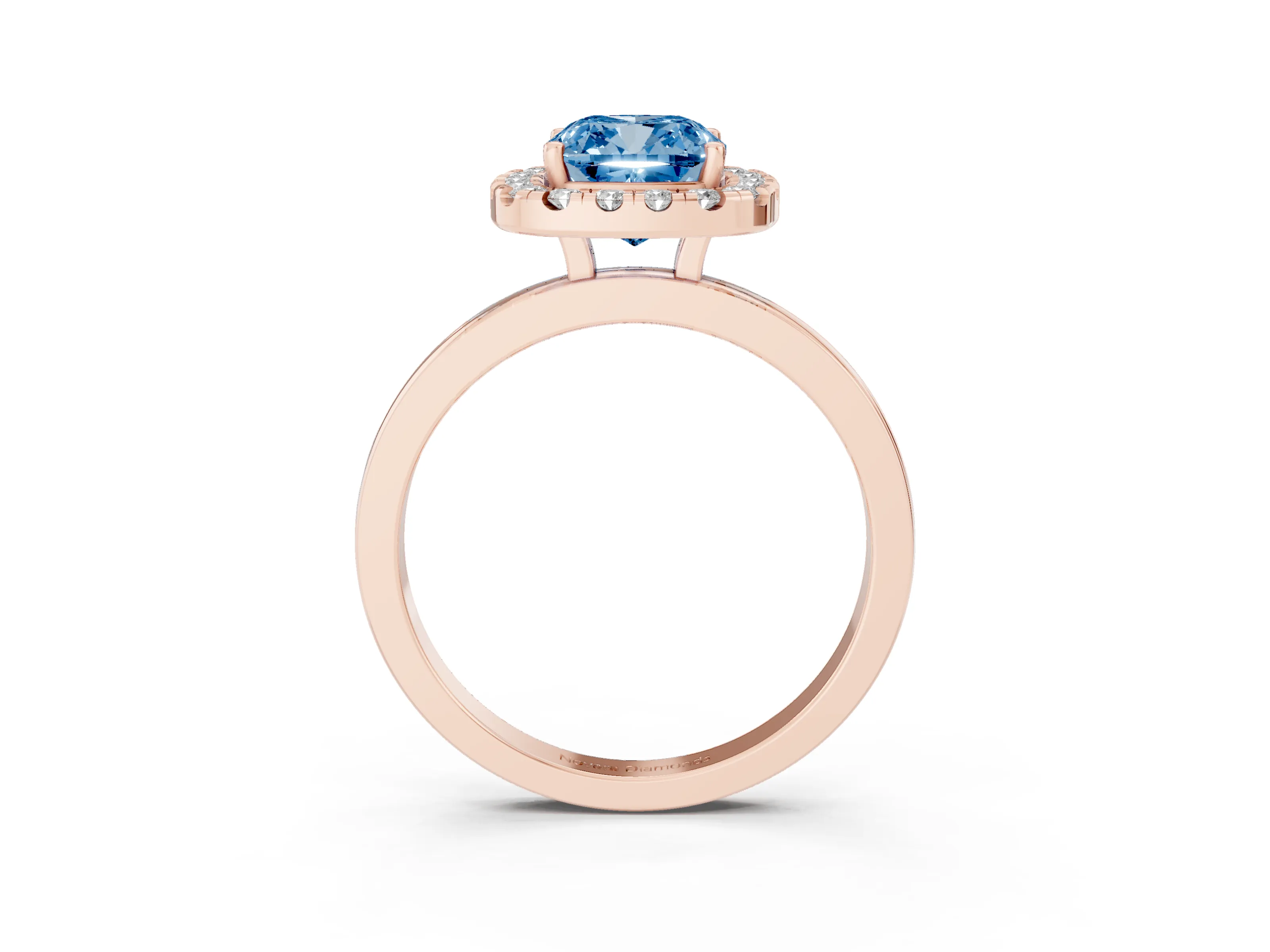 Fancy Blue Cushion Cut Diamond Halo Solitaire Ring Set in Rose gold with Pavé Band and Prong Setting