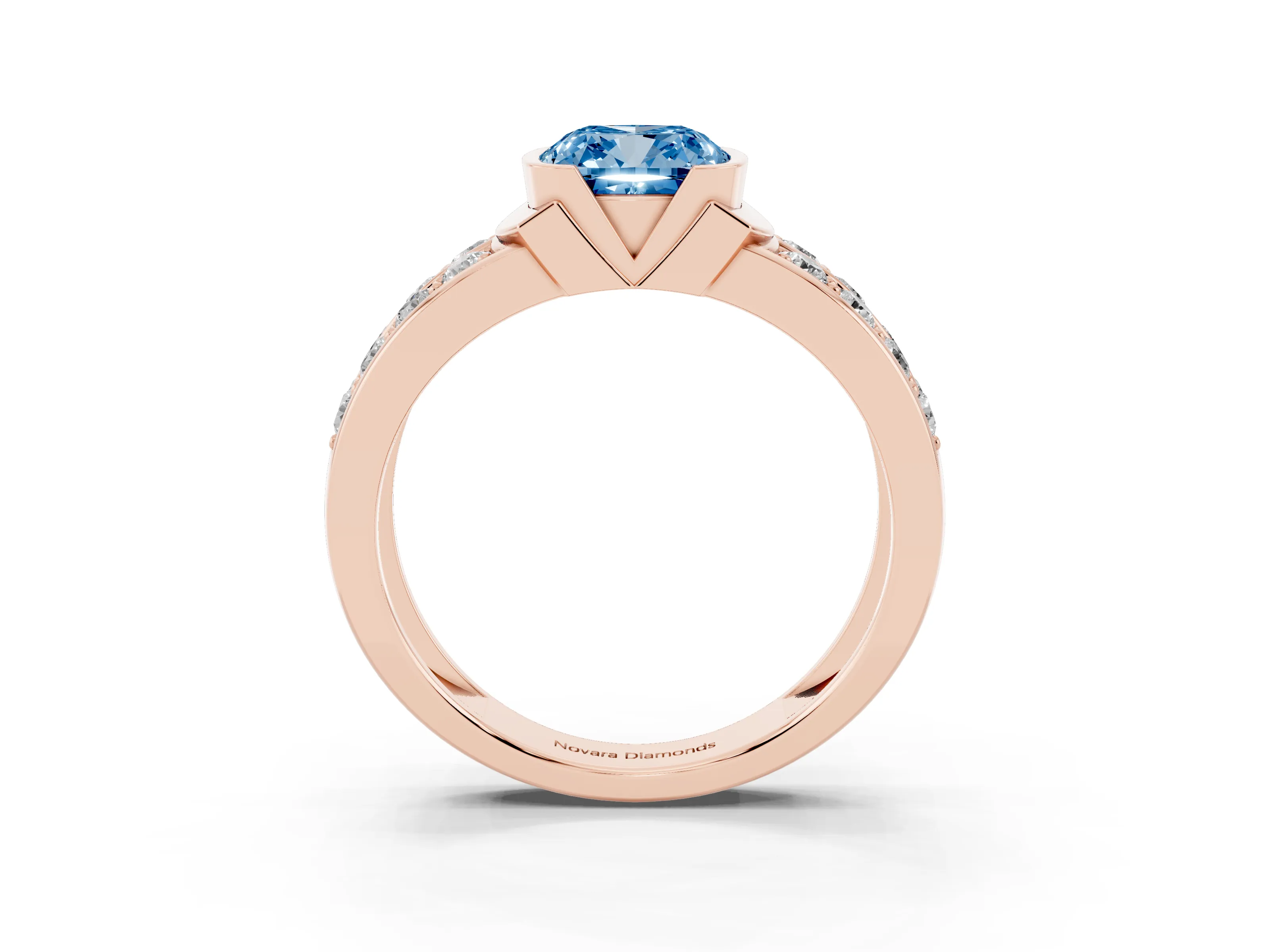 Fancy Blue Cushion Cut Diamond Wide Channel Set Band Ring Set in Rose gold with Bezel Setting