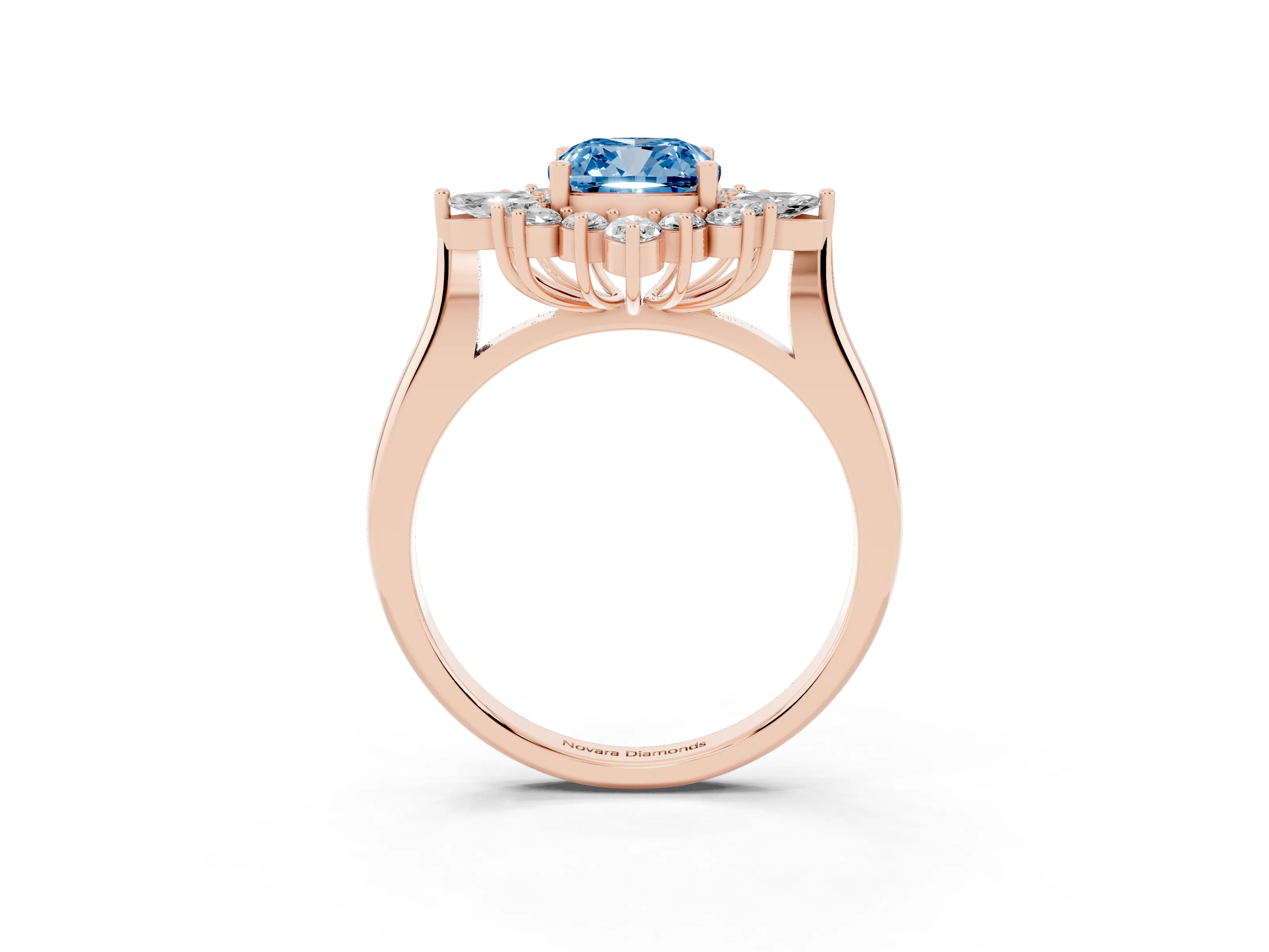 Fancy Blue Cushion Cut Diamond Cluster Halo Ring Set in Rose gold with Marquise and Round Accents