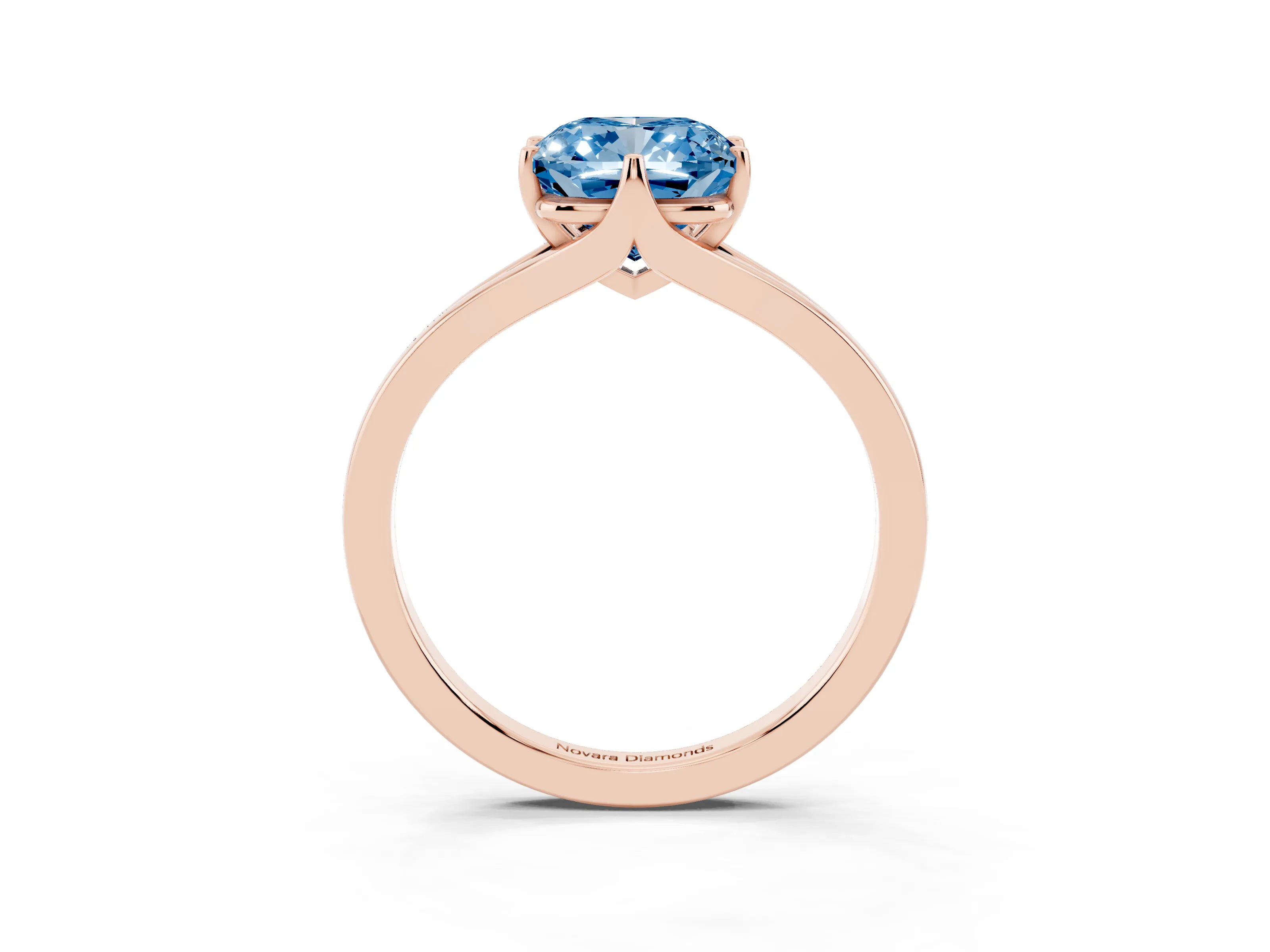 Fancy Blue Cushion Cut Diamond Solitaire Ring Set in Rose gold with Polished Tapered Band and Prong Setting