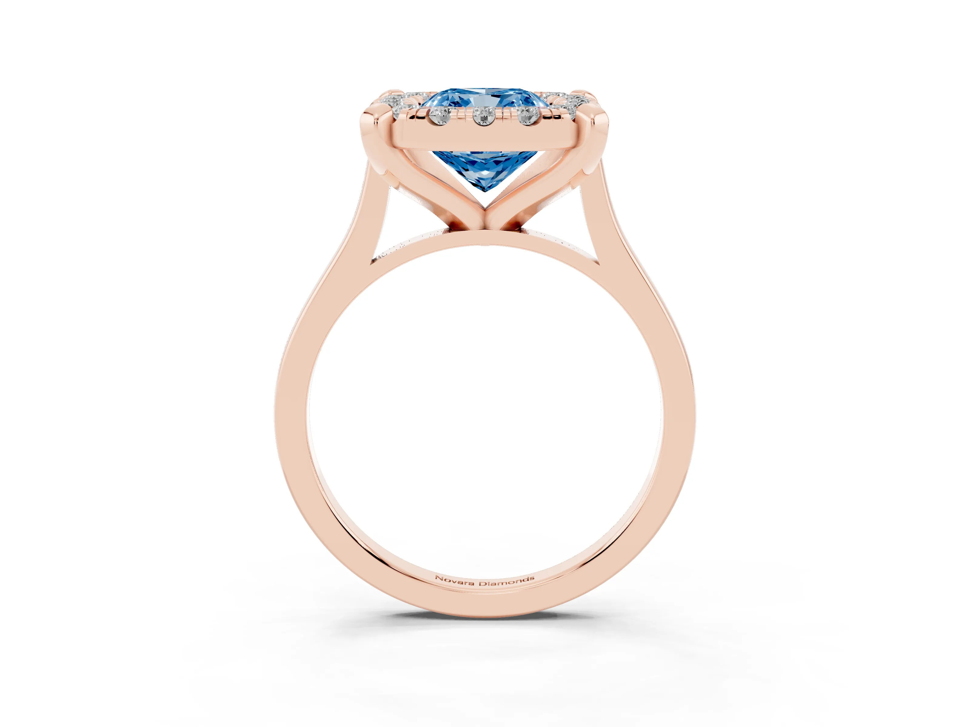 Fancy Blue Cushion Cut Diamond Cluster Halo Solitaire Ring Set in Rose gold with Prong Setting