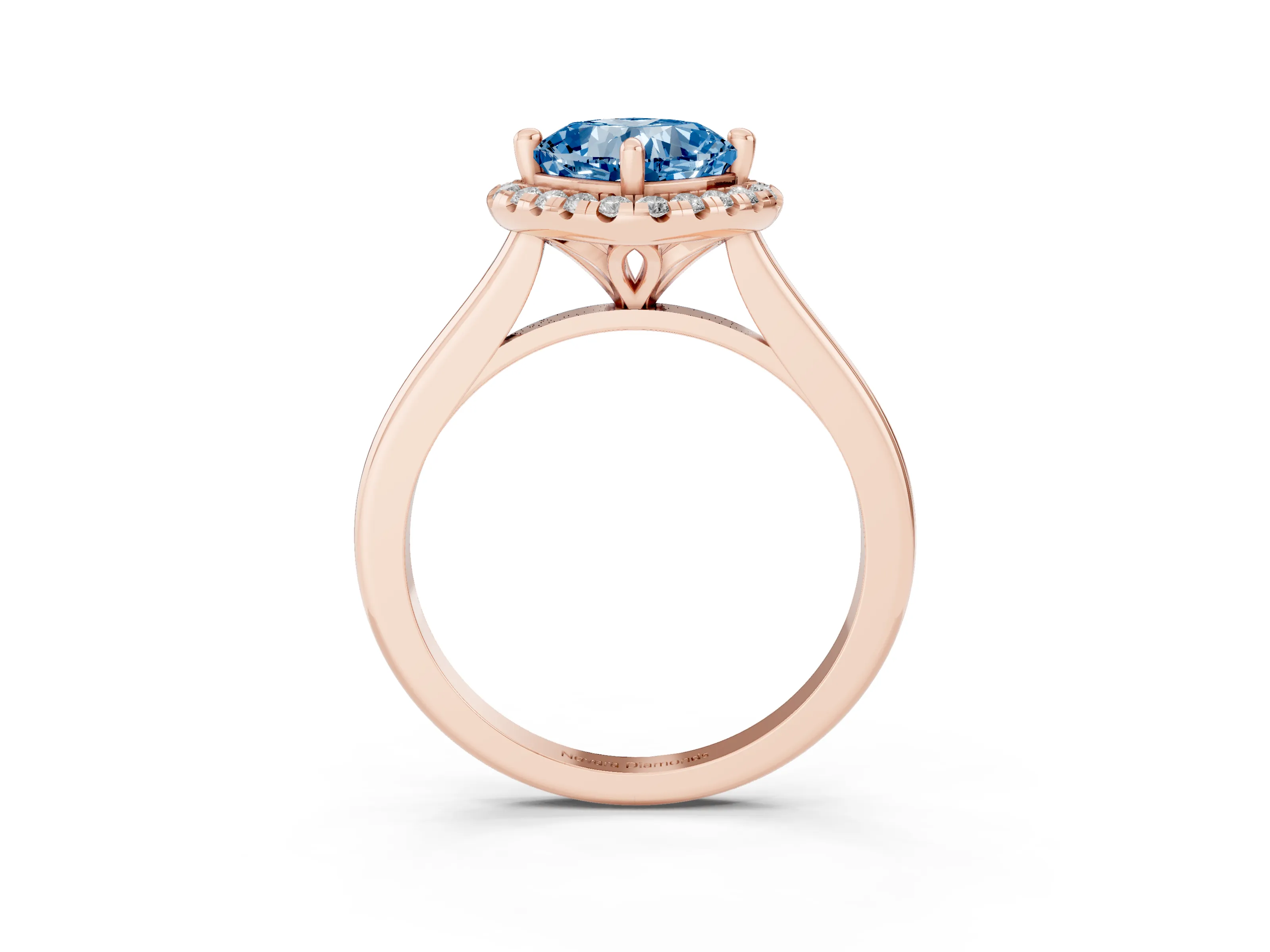 Fancy Blue Cushion Cut Diamond Halo Engagement Ring Set in Rose gold with Pavé Band and Rising Shoulders