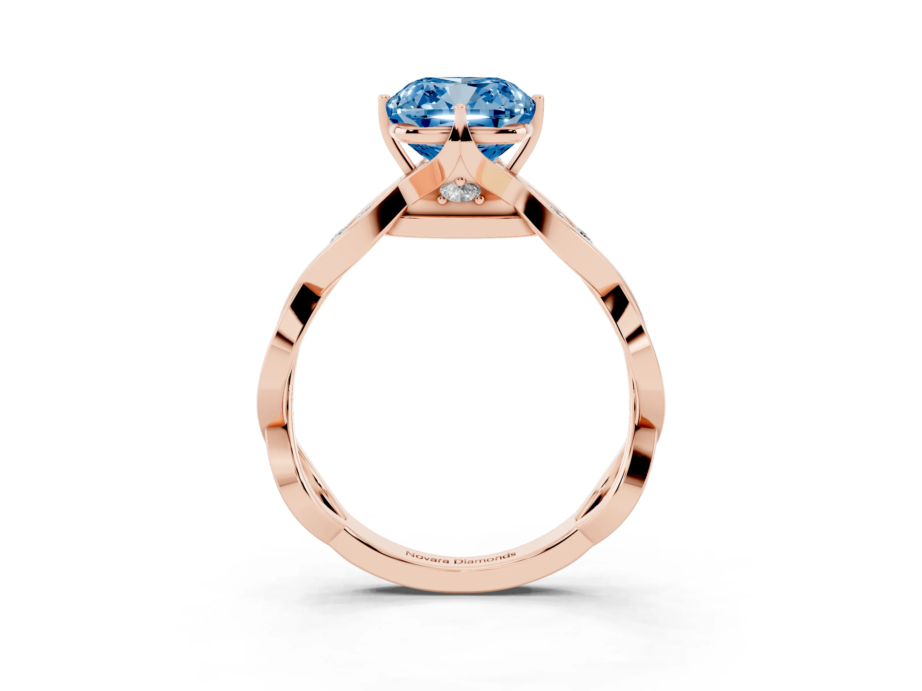 Fancy Blue Cushion Cut Diamond Twist Band Solitaire Ring Set in Rose gold with Leaf Prong Setting and Accent Stones