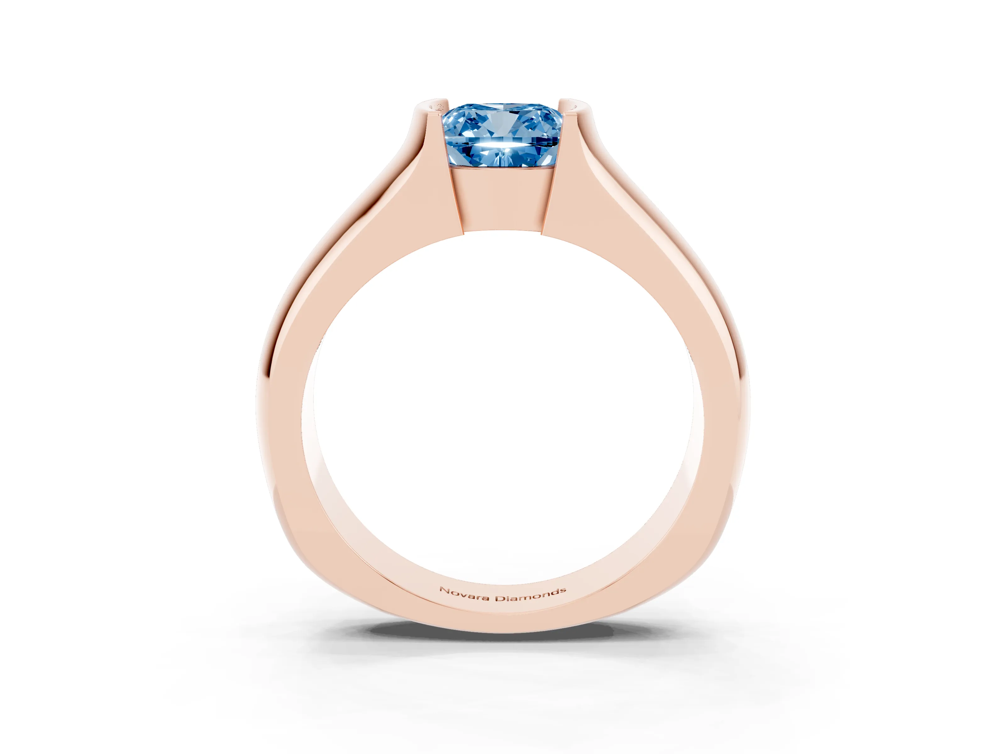 Fancy Blue Cushion Cut Diamond Bezel Solitaire Ring Set in Rose gold with Wide Band