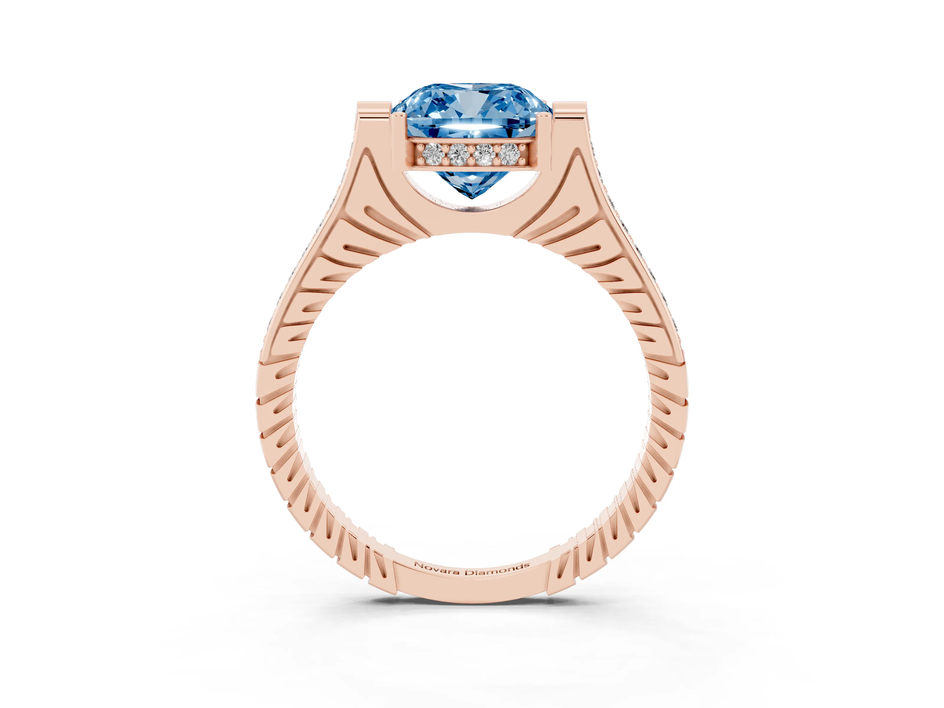 Fancy Blue Cushion Cut Diamond Solitaire Ring Set in Rose gold with Channel Set Band and Bezel Prong Setting