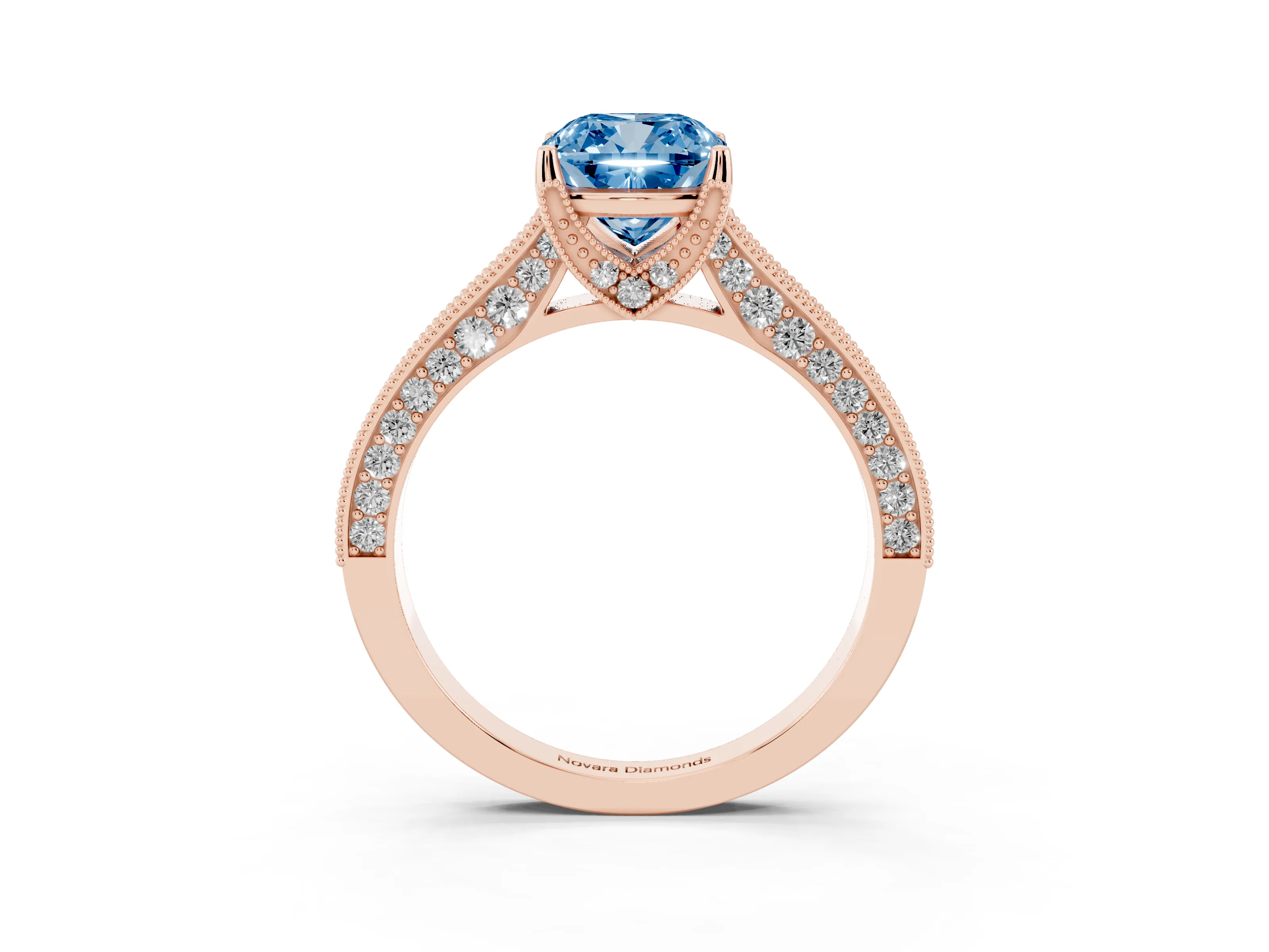 Fancy Blue Cushion Cut Diamond Solitaire Ring Set in Rose gold with Milgrain-Edged Pavé Band and Prong Setting