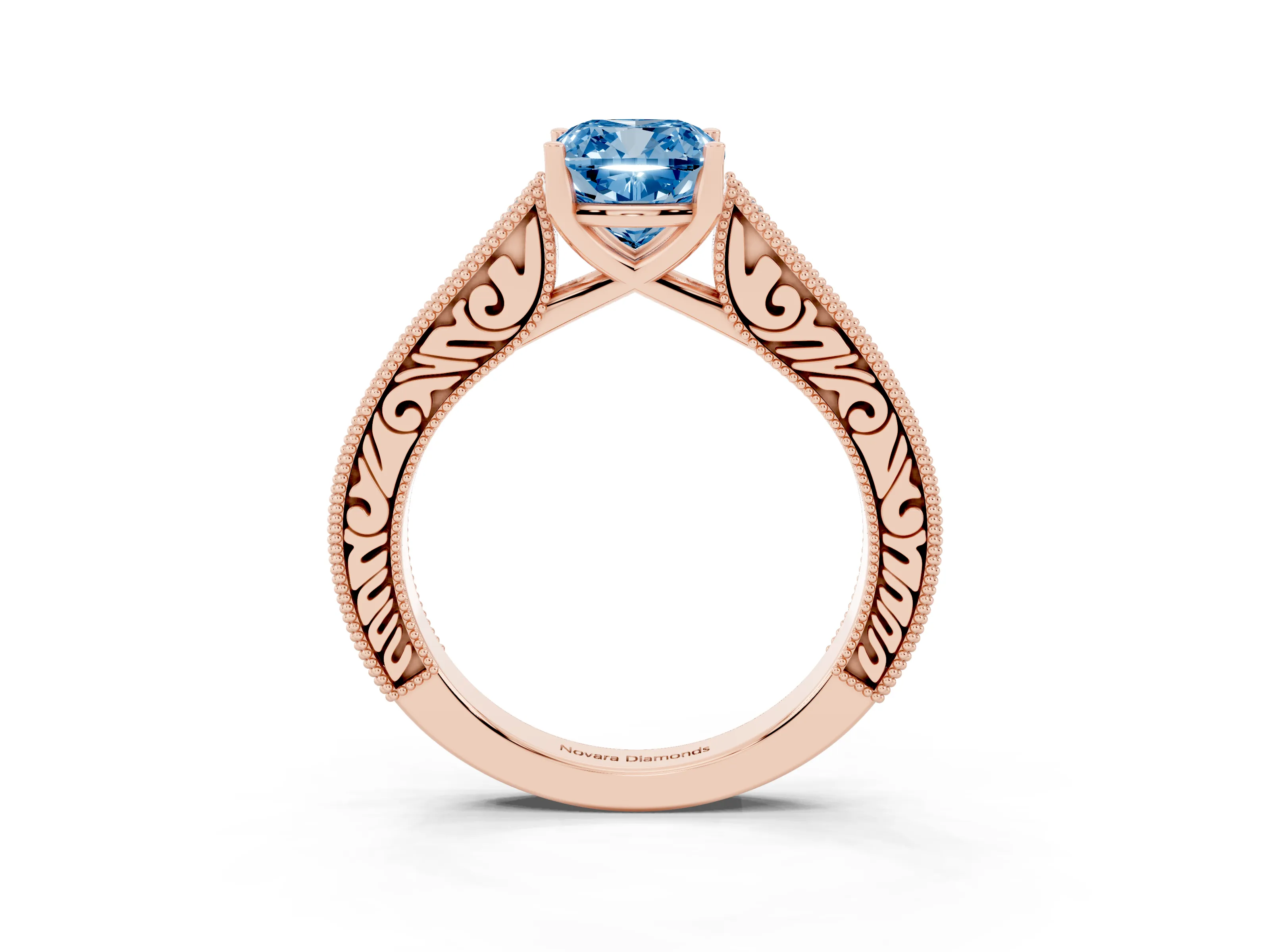Fancy Blue Cushion Cut Diamond Milgrain Pavé Band Solitaire Ring Set in Rose gold with Prong Setting