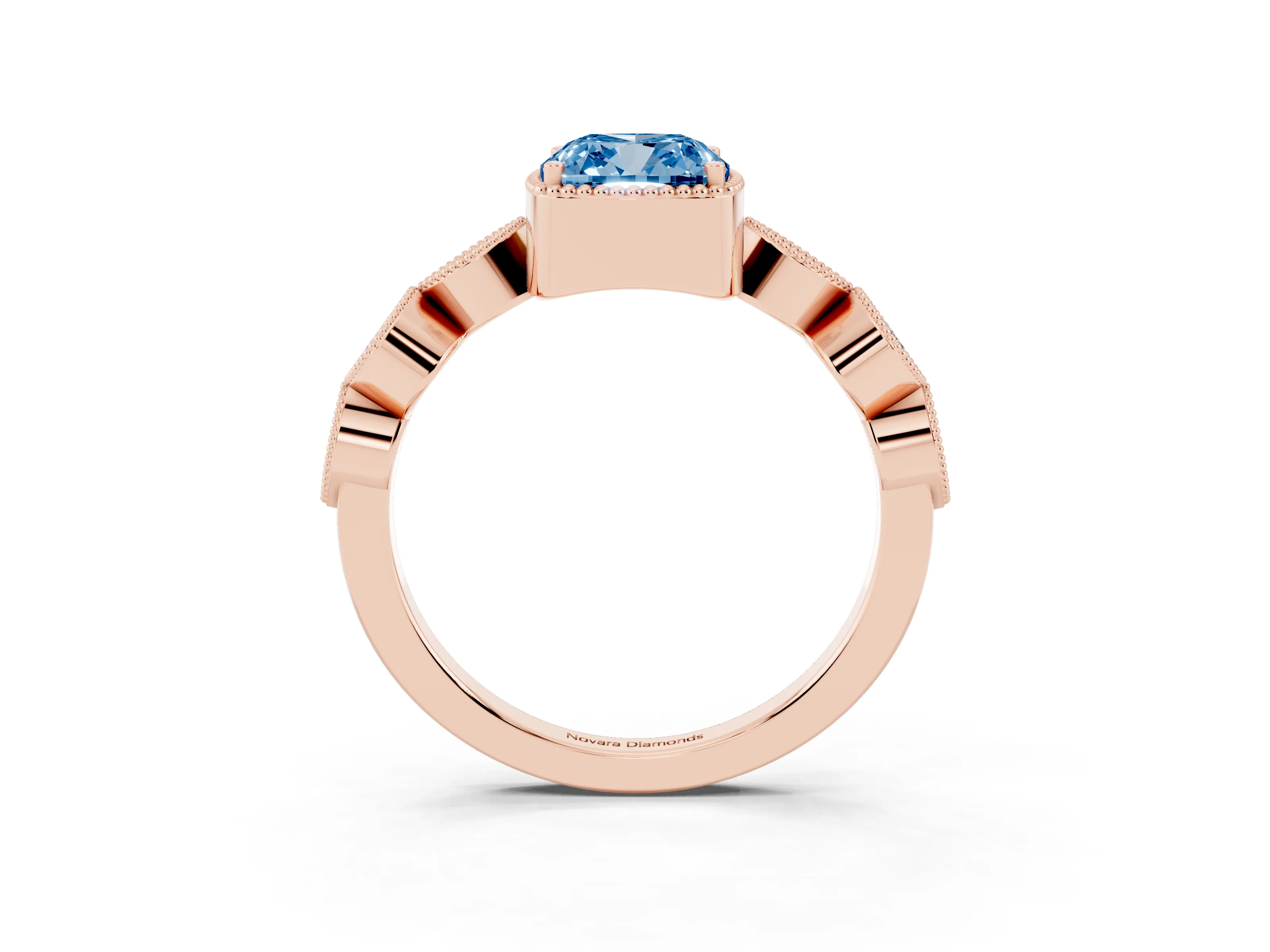 Fancy Blue Cushion Cut Diamond Vintage-Inspired Milgrain Ring Set in Rose gold with Marquise Stations of Round Accents