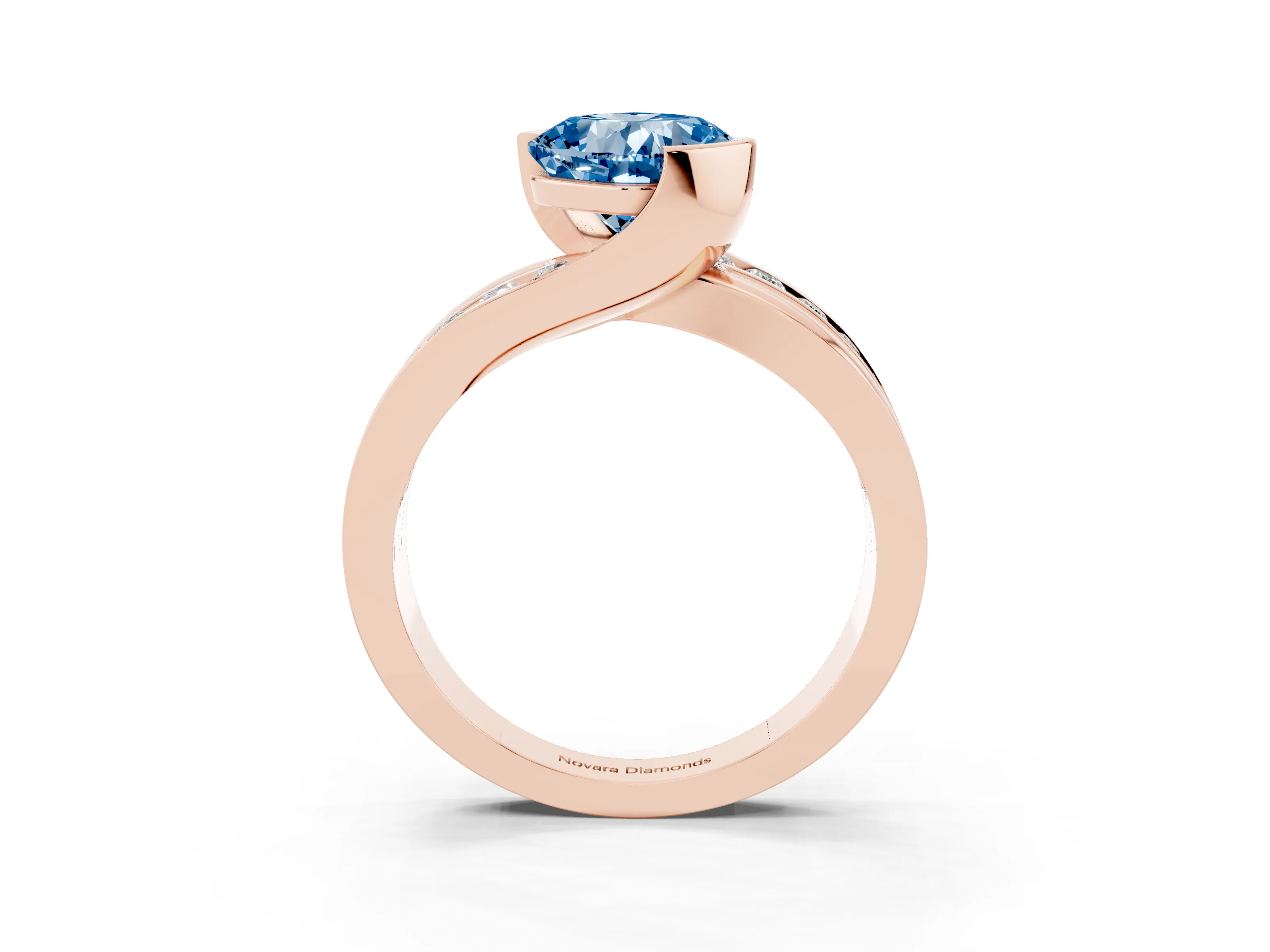 Fancy Blue Cushion Cut Diamond Solitaire Ring Set in Rose gold with Channel Set Split Shank and Tension Prongs