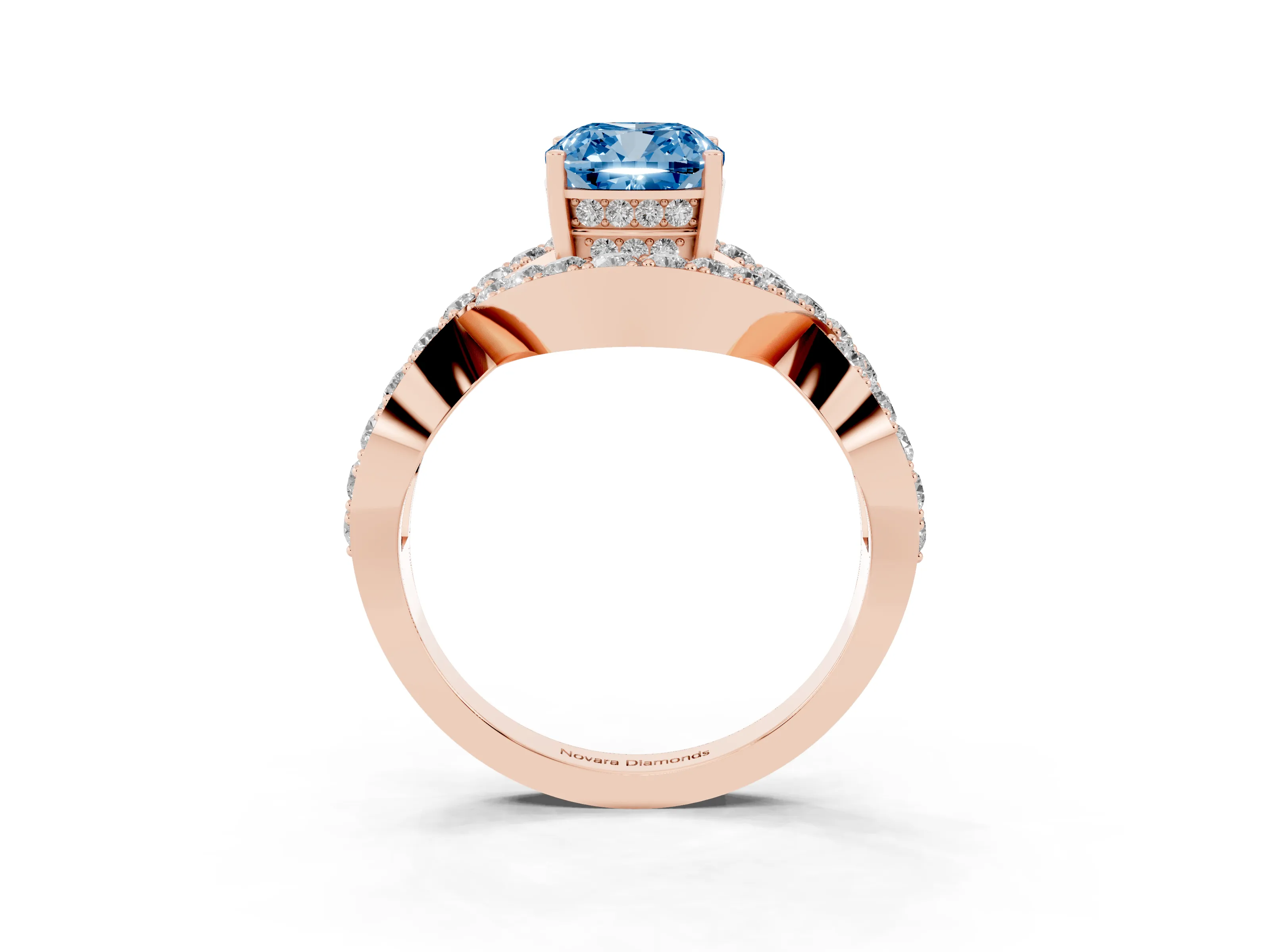 Fancy Blue Cushion Cut Diamond Solitaire Twist Band Pavé Engagement Ring Set in Rose gold