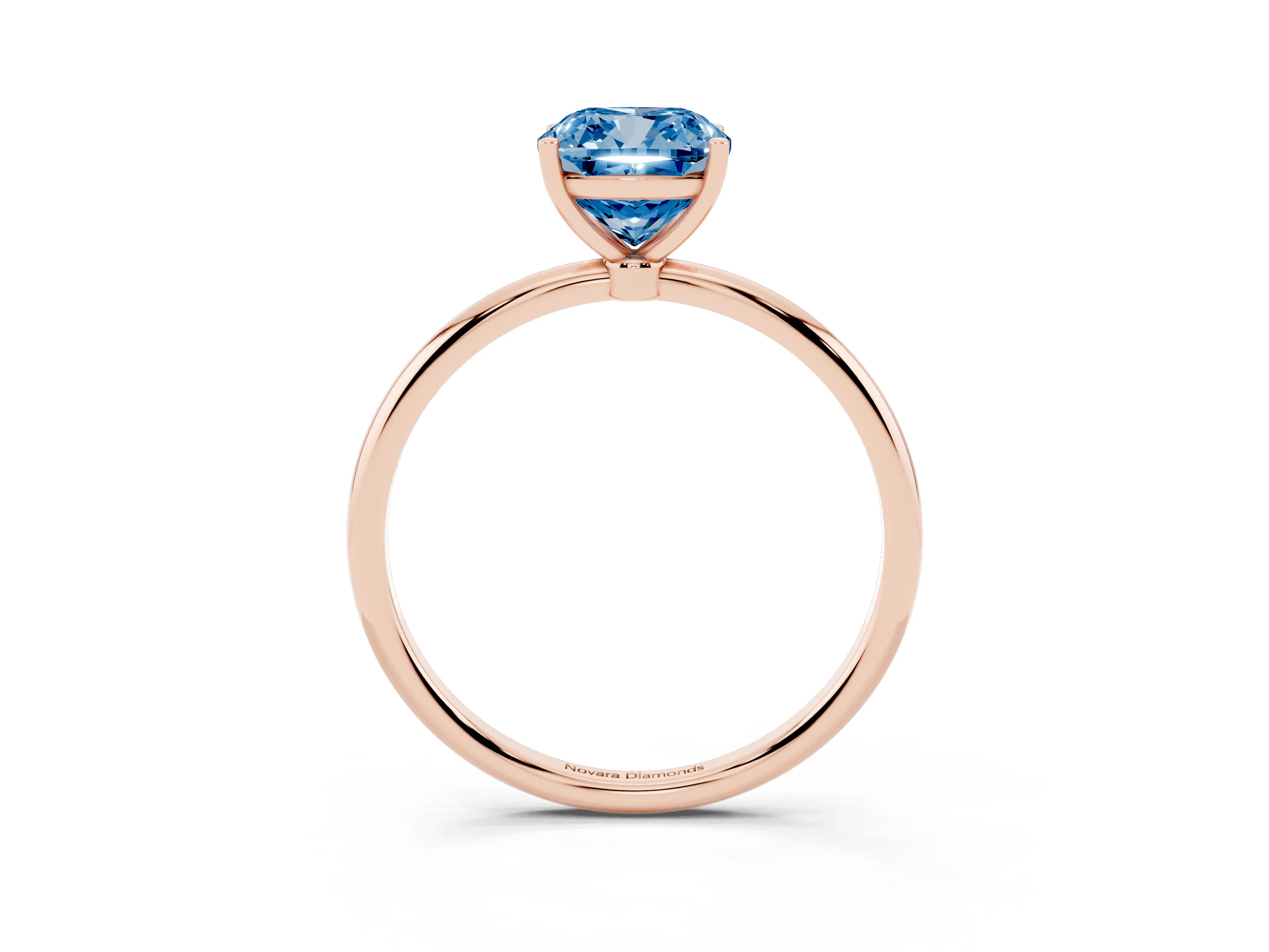 Fancy Blue Cushion Cut Diamond Solitaire Engagement Ring Set in Rose gold with Thin Band and Prong Setting
