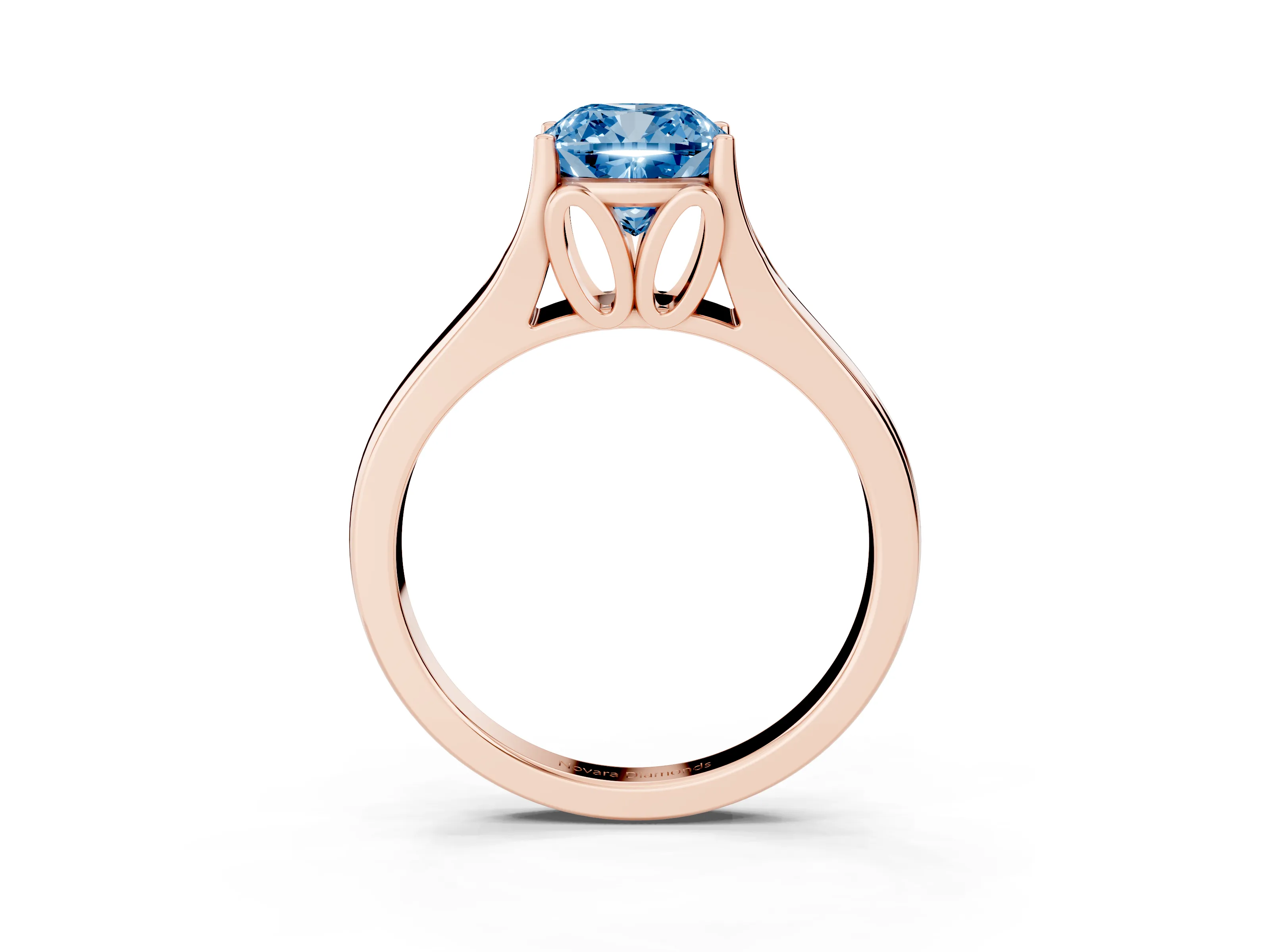 Fancy Blue Cushion Cut Diamond Solitaire Ring Set in Rose gold with Arched Cathedral Band and Prong Setting