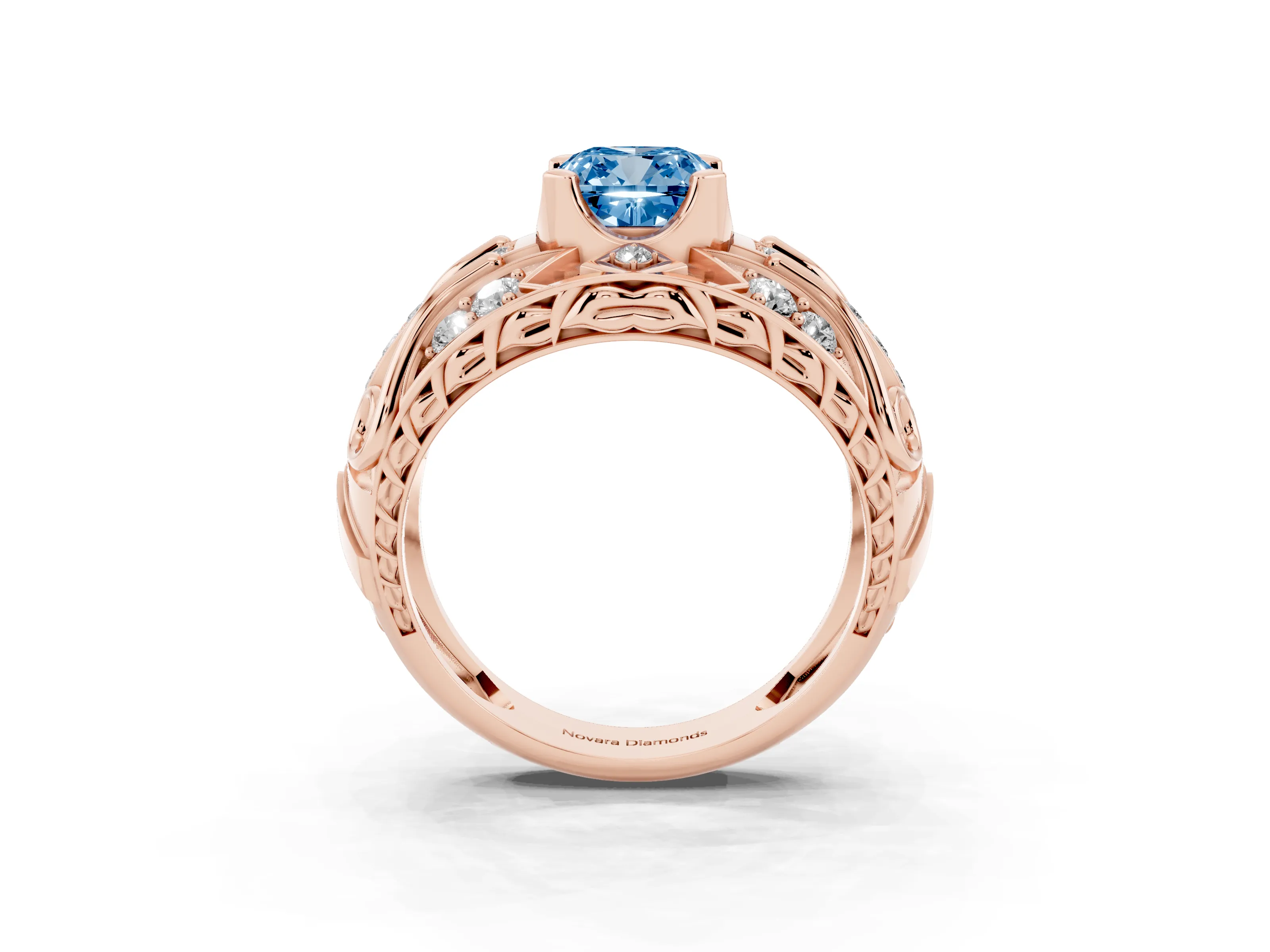 Fancy Blue Cushion Cut Diamond Art Deco Ring Set in Rose gold with Pavé Split Shank
