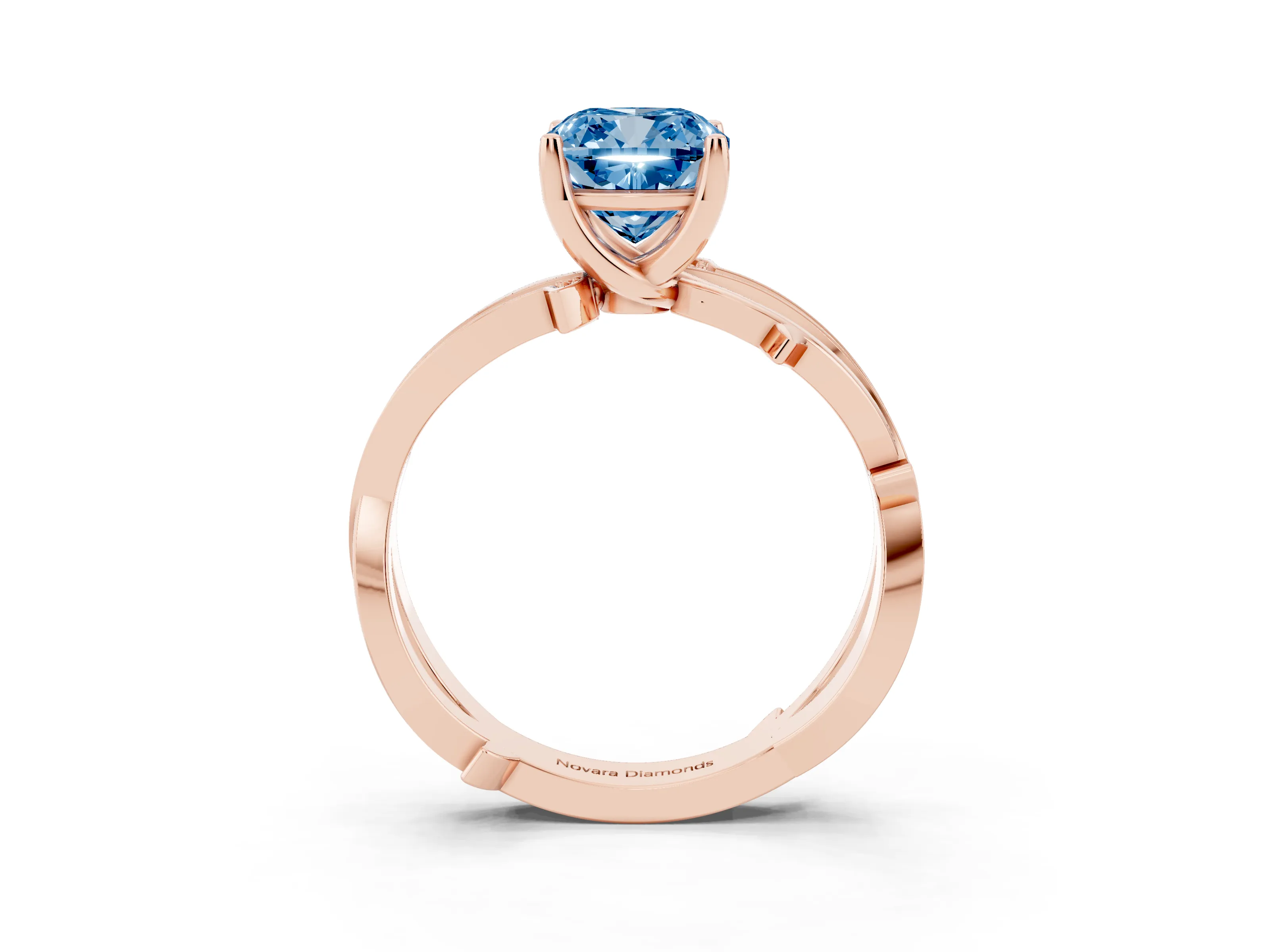 Fancy Blue Cushion Cut Diamond Pavé Twist Band Solitaire Ring Set in Rose gold with Prong Setting