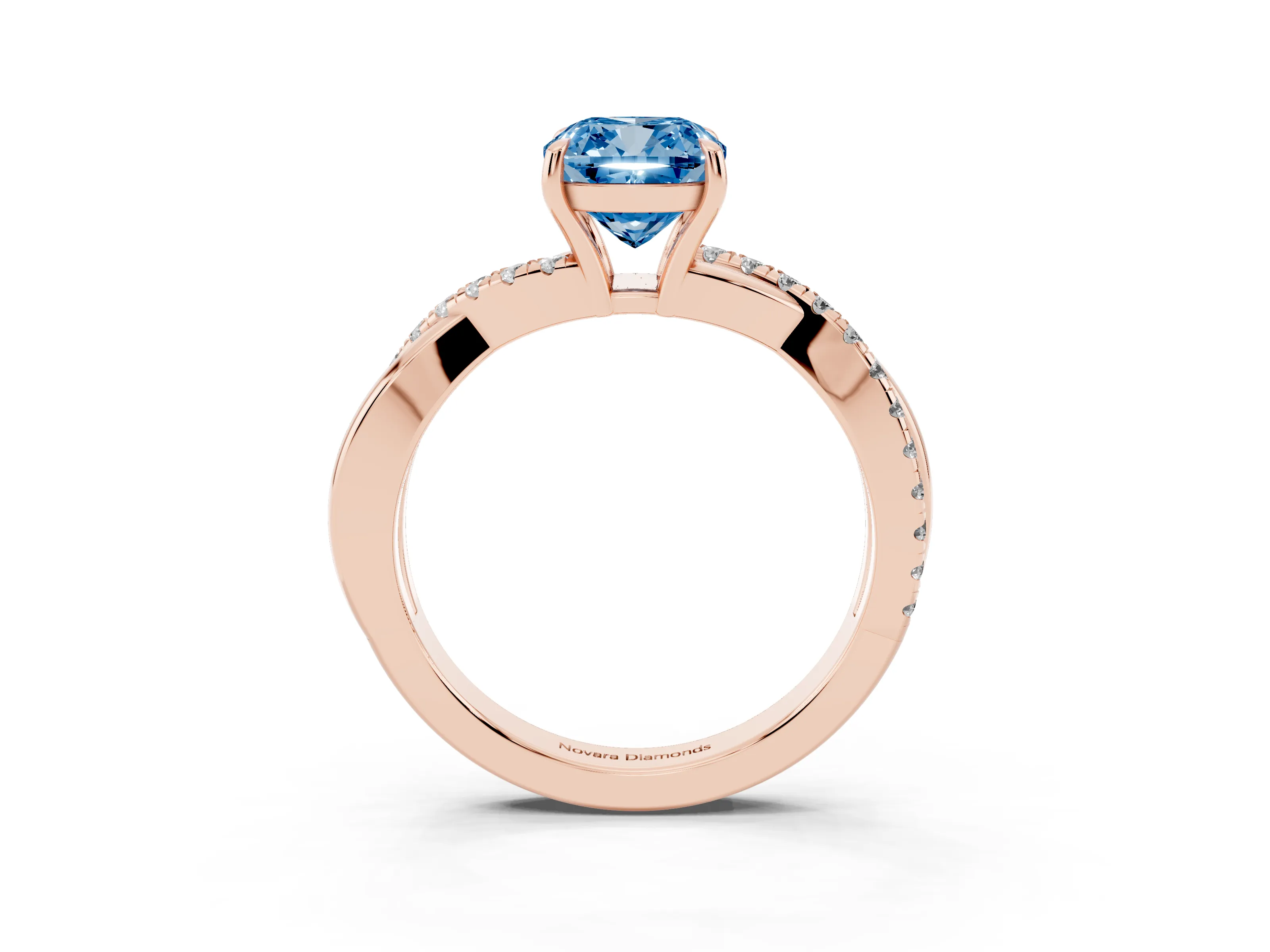 Fancy Blue Cushion Cut Diamond Twisted Pavé Band Ring Set in Rose gold with Prong Setting