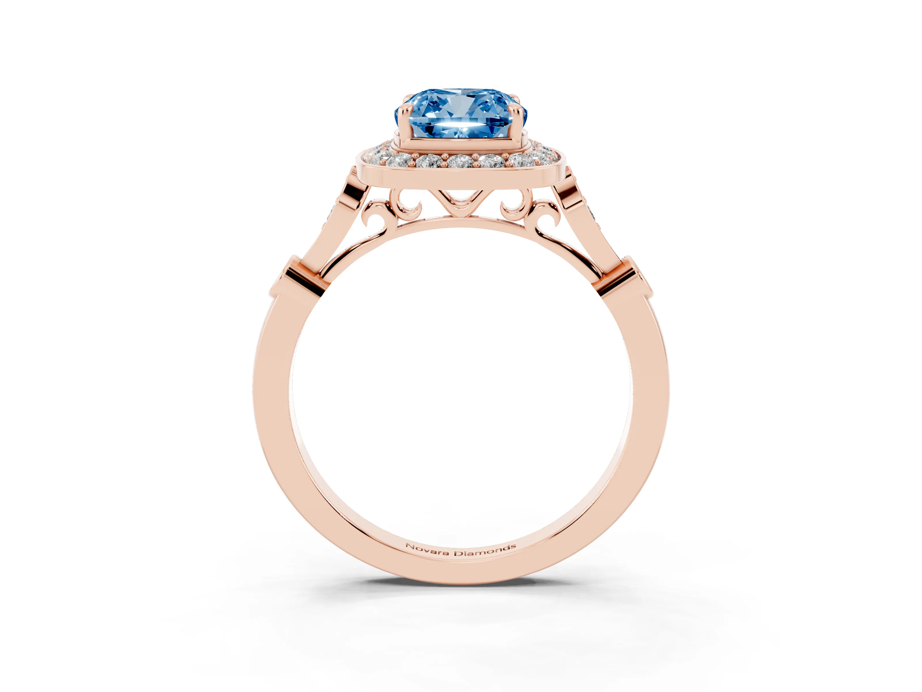 Fancy Blue Cushion Cut Diamond Halo Engagement Ring Set in Rose gold with Twisted Band and Prong Setting