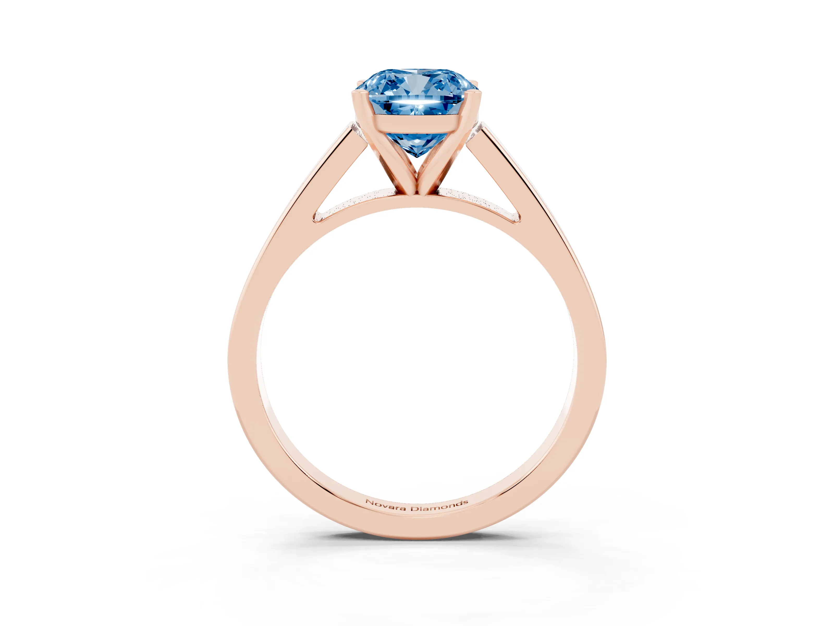 Fancy Blue Cushion Cut Diamond Solitaire Engagement Ring Set in Rose gold with Prong Setting and Tapered Band