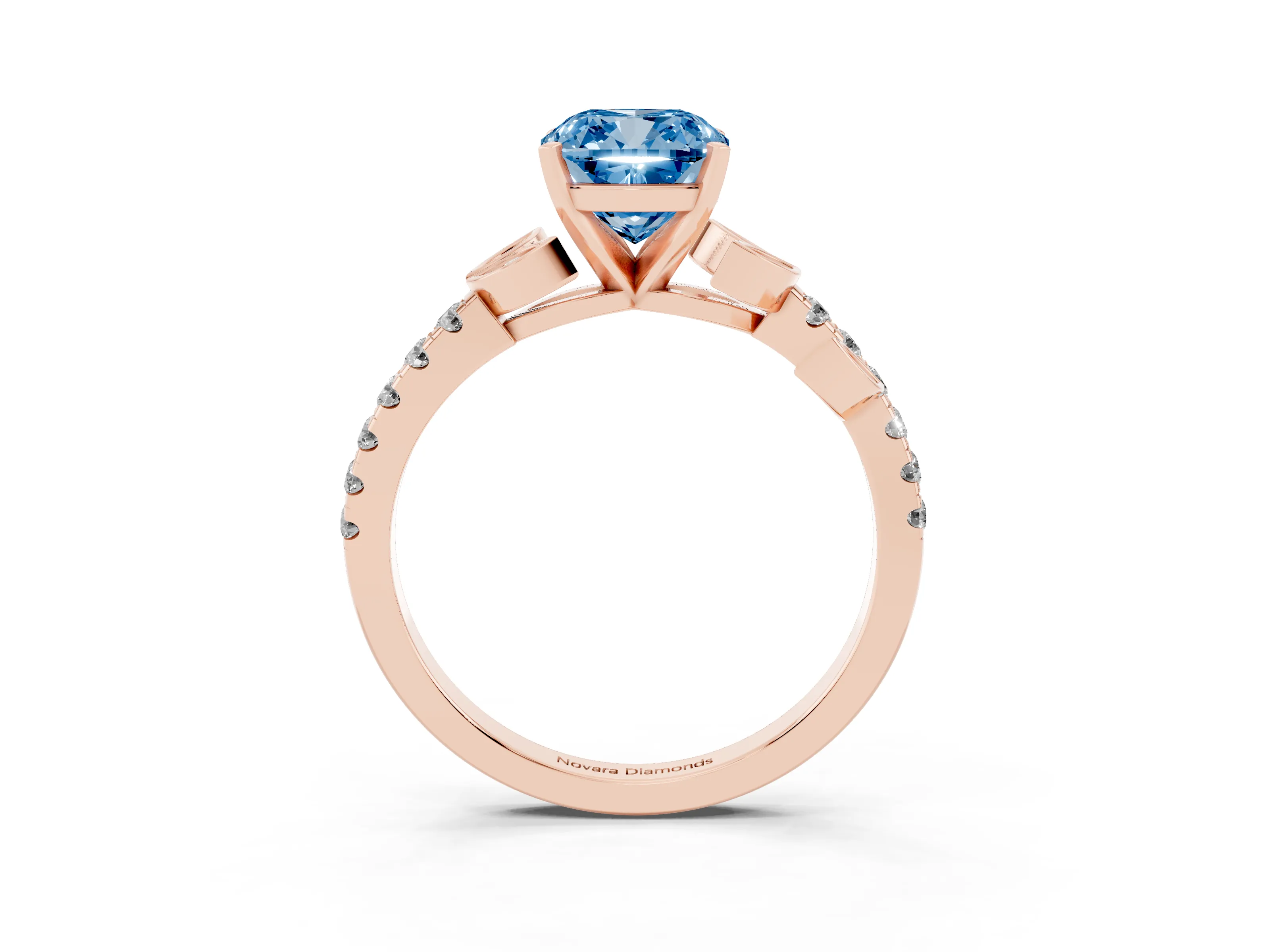 Fancy Blue Cushion Cut Diamond Solitaire Leaf-Inspired Ring Set in Rose gold with Pavé Band and Prong Setting