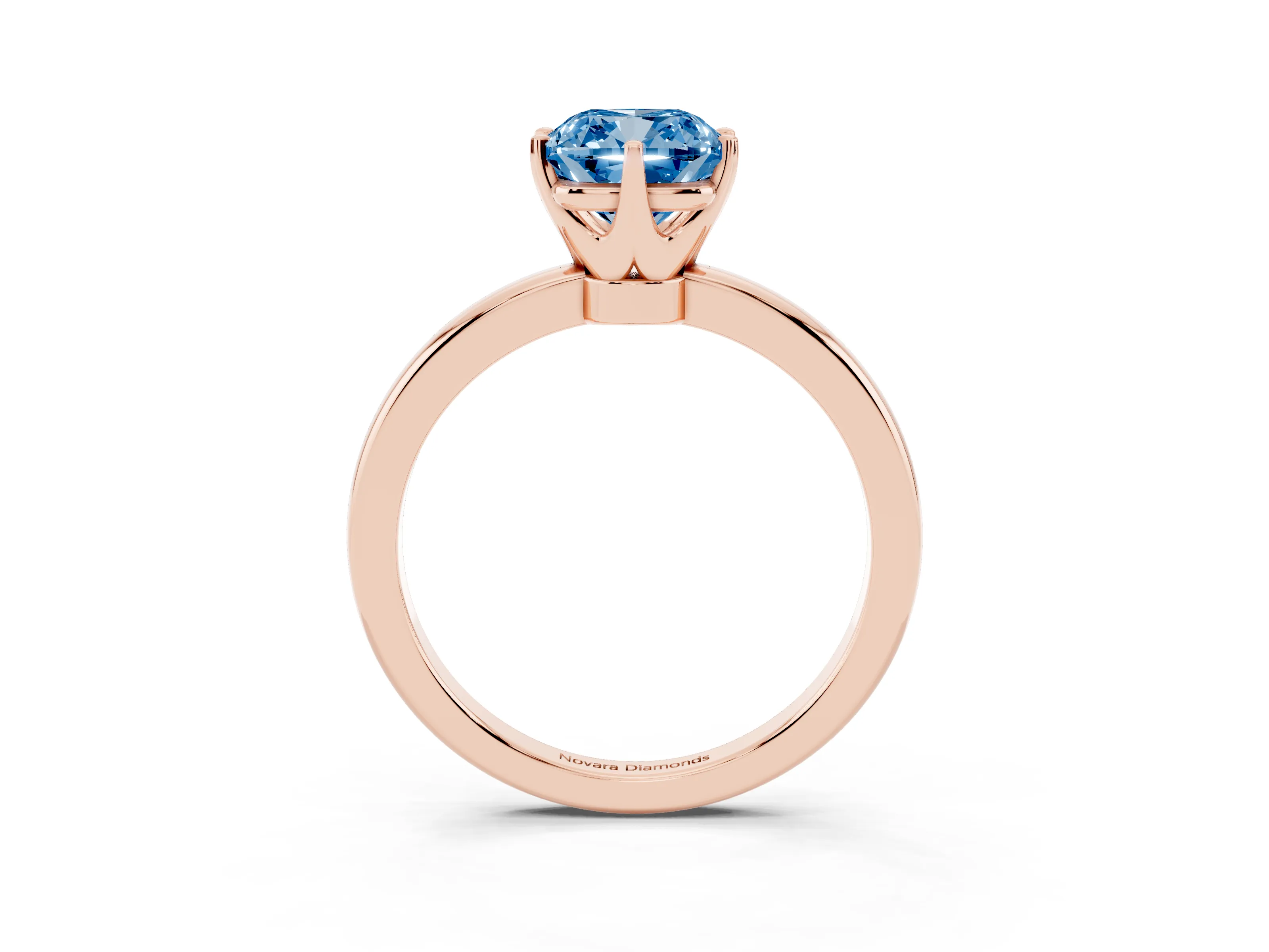 Fancy Blue Cushion Cut Diamond Solitaire Ring Set in Rose gold with Raised Prong Setting on a Classic Band