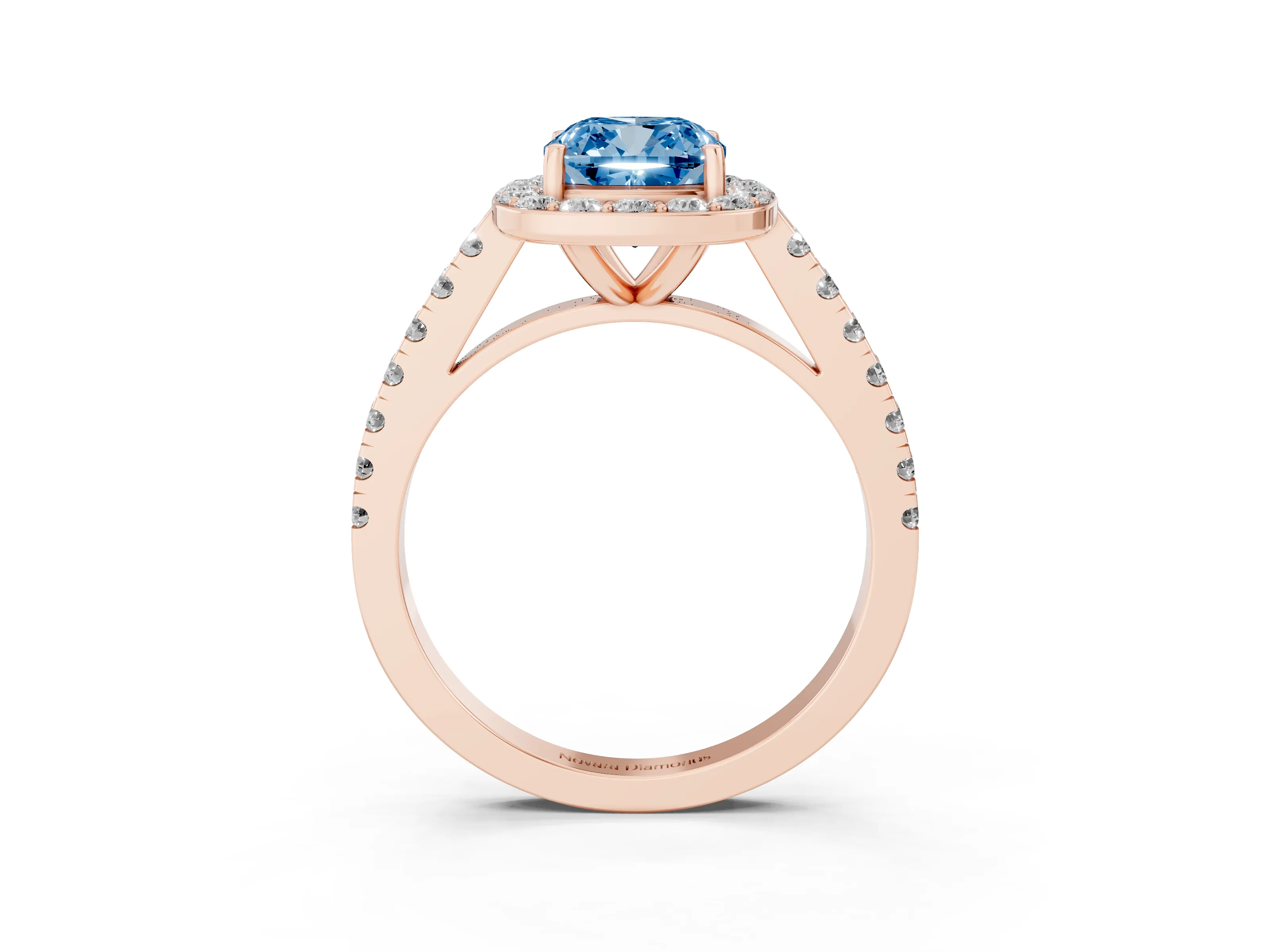 Fancy Blue Cushion Cut Diamond Halo Ring Set in Rose gold with Round Pavé Split Shank and Prong Setting