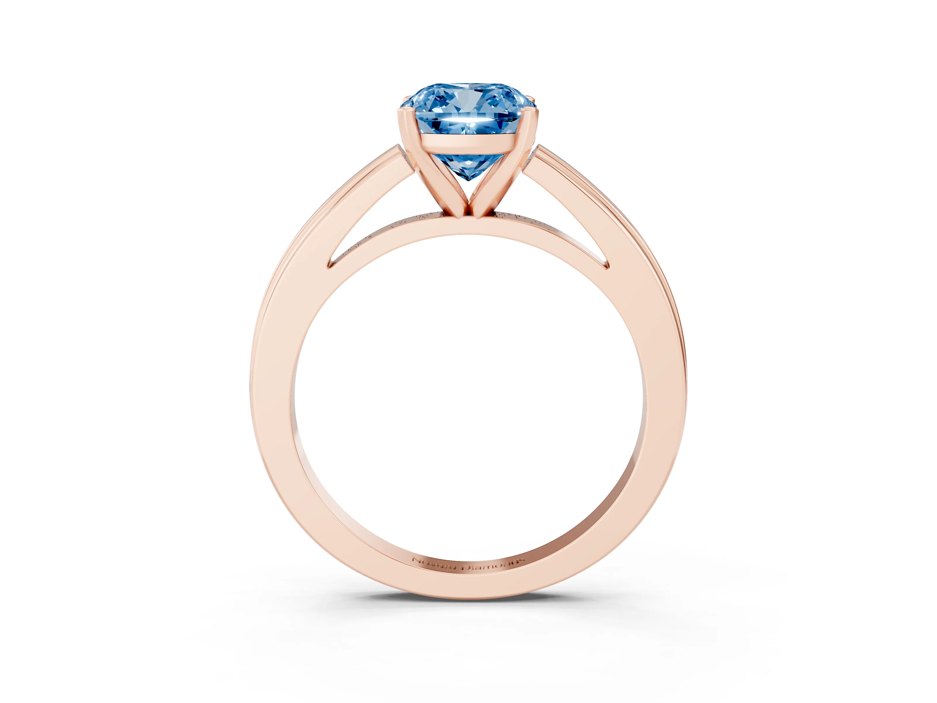 Fancy Blue Cushion Cut Diamond Solitaire Ring Set in Rose gold with Prong Setting and Classic Band