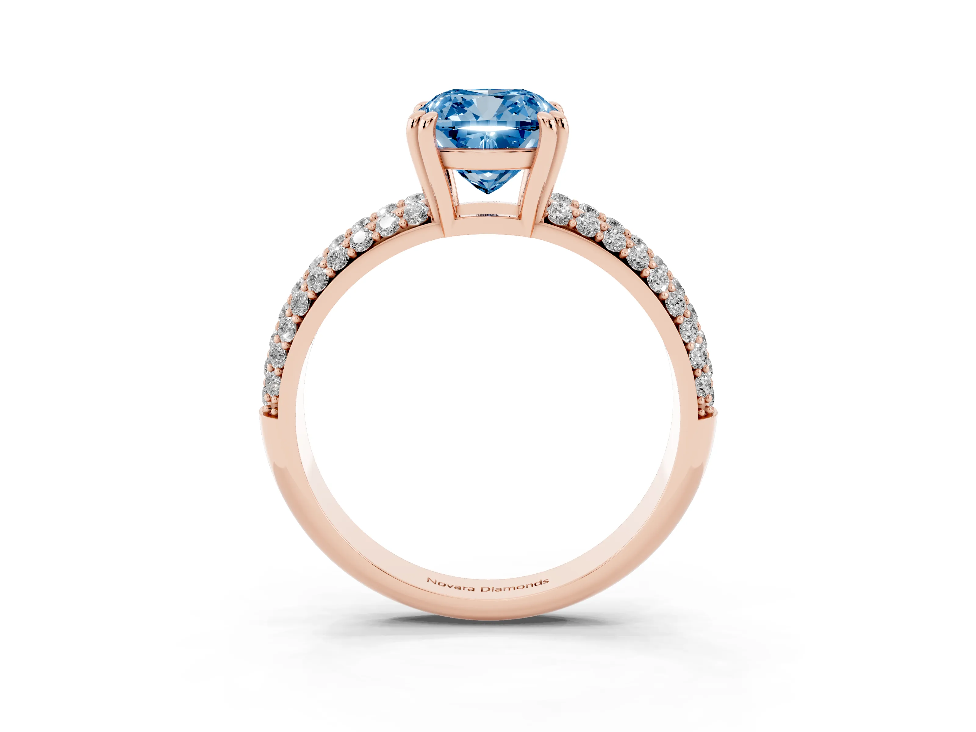 Fancy Blue Cushion Cut Diamond Solitaire Ring Set in Rose gold with Multi-Row Round Pavé Band and Prong Setting