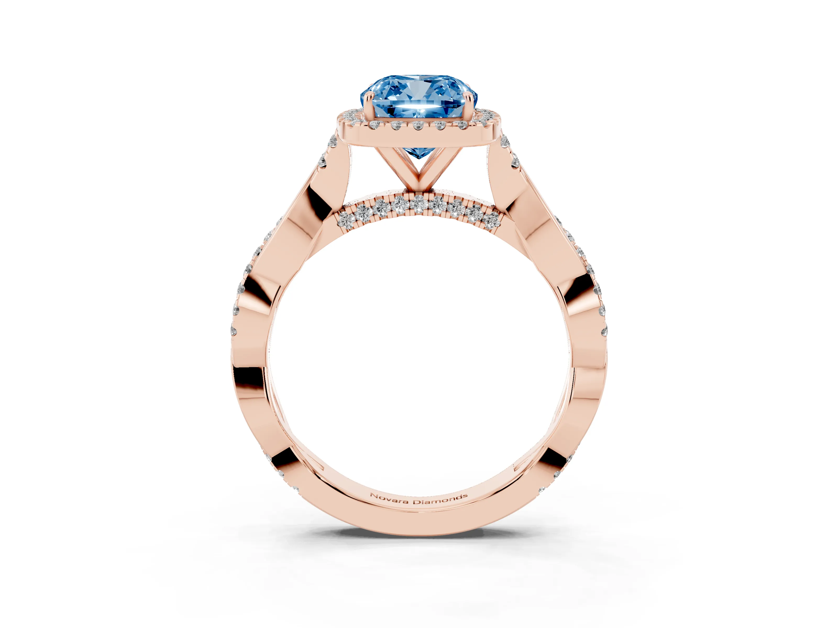 Fancy Blue Cushion Cut Diamond Halo Twist Band Solitaire Ring Set in Rose gold with Prong Setting
