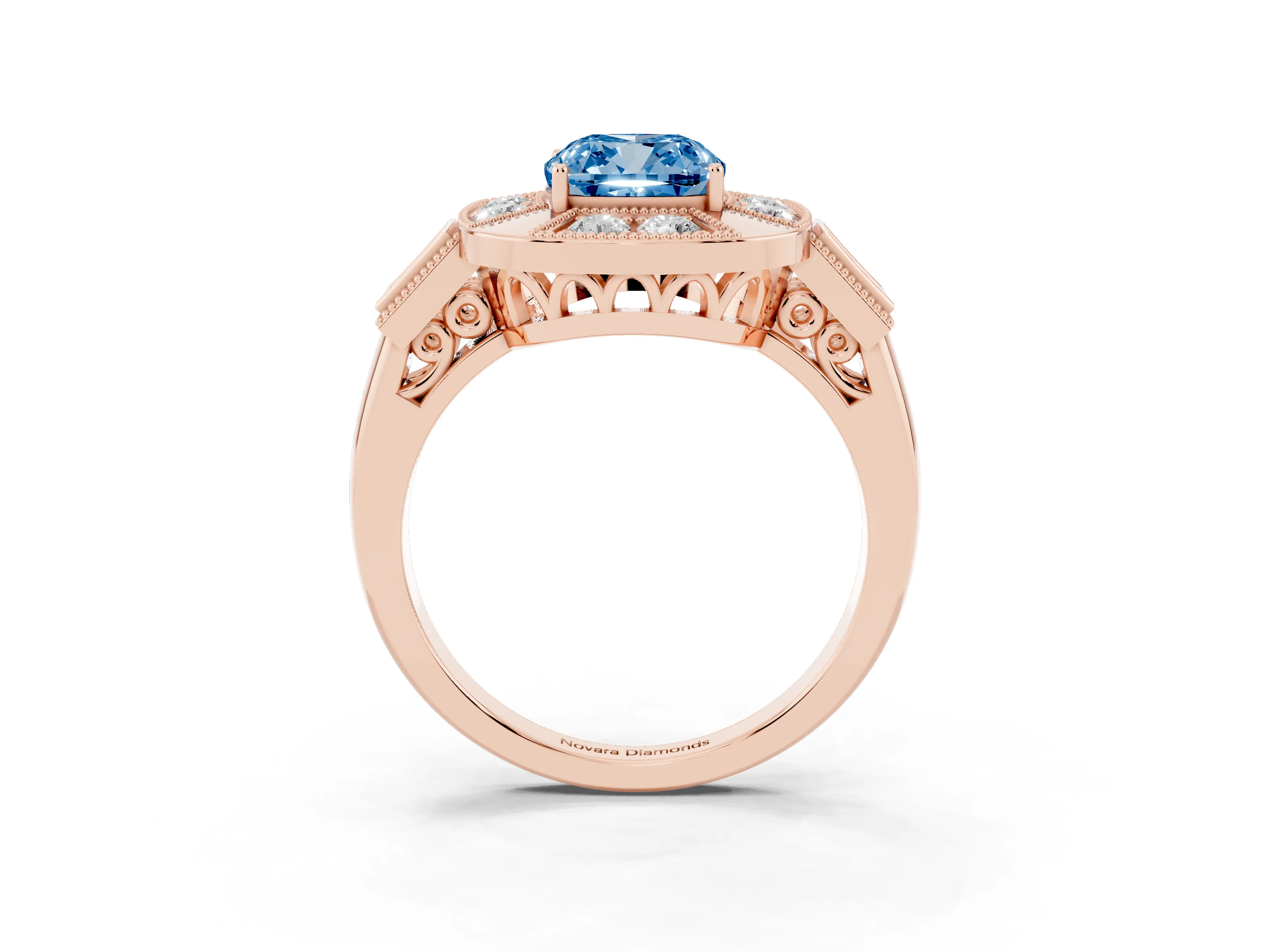 Fancy Blue Cushion Cut Diamond Milgrain Halo Ring Set in Rose gold with Split Shank