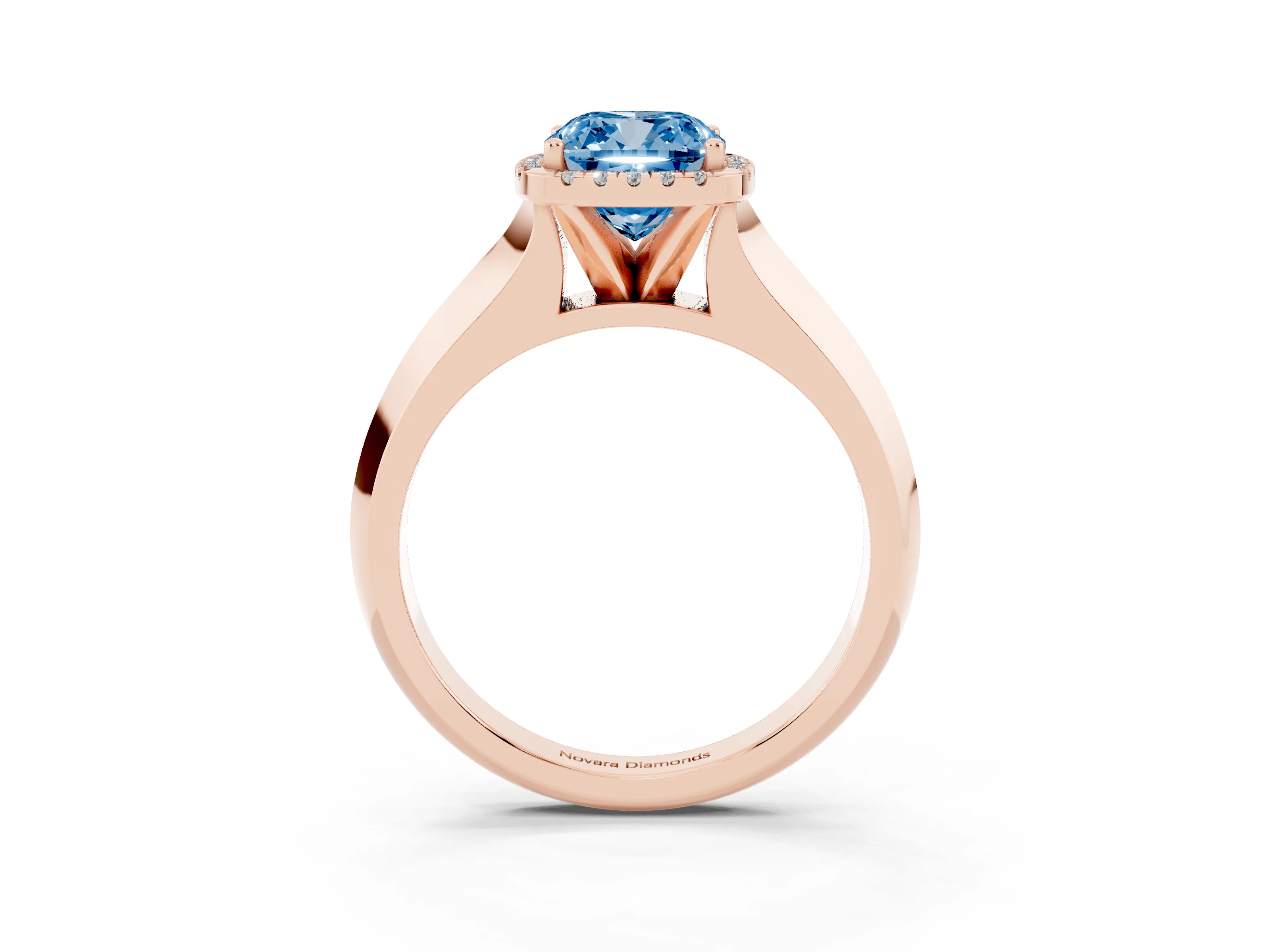 Fancy Blue Cushion Cut Diamond Halo Ring Set in Rose gold with Cathedral Band and Prong Setting