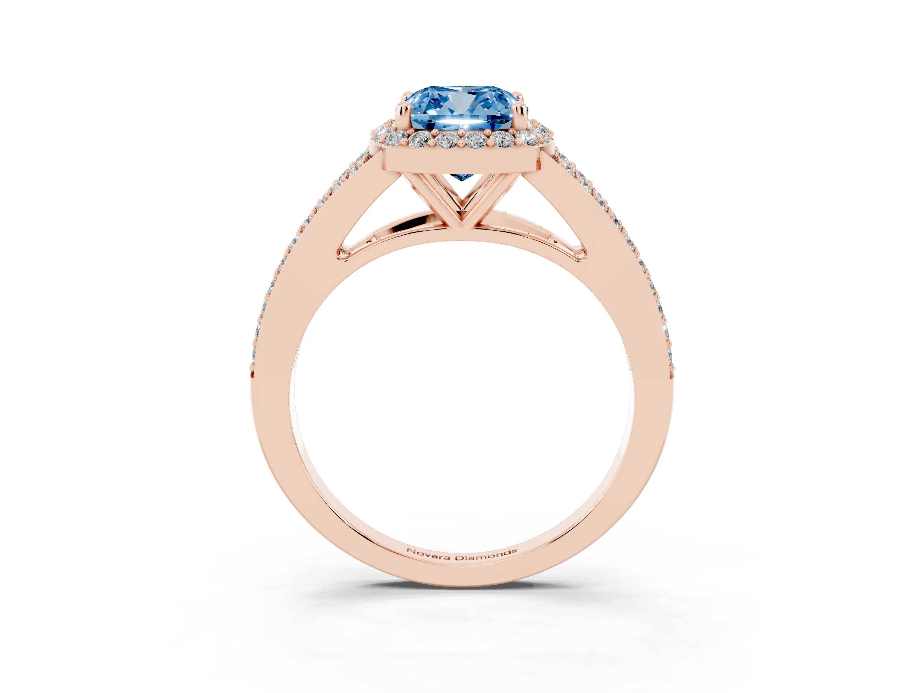 Fancy Blue Cushion Cut Diamond Halo Split Shank Ring Set in Rose gold with Accent Stones and Prong Setting