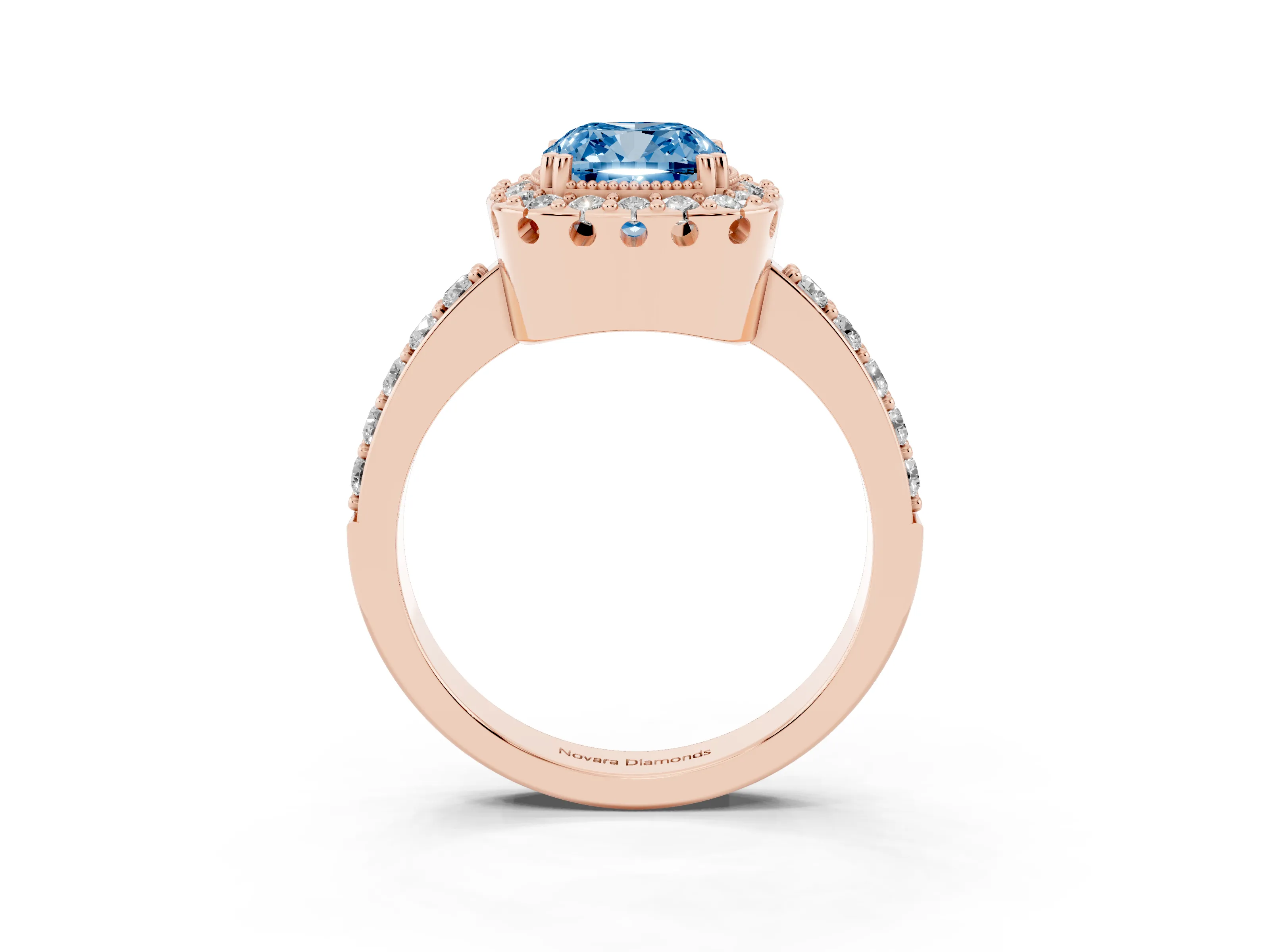 Fancy Blue Cushion Cut Diamond Halo Ring Set in Rose gold with Pavé Shank and Prong Setting