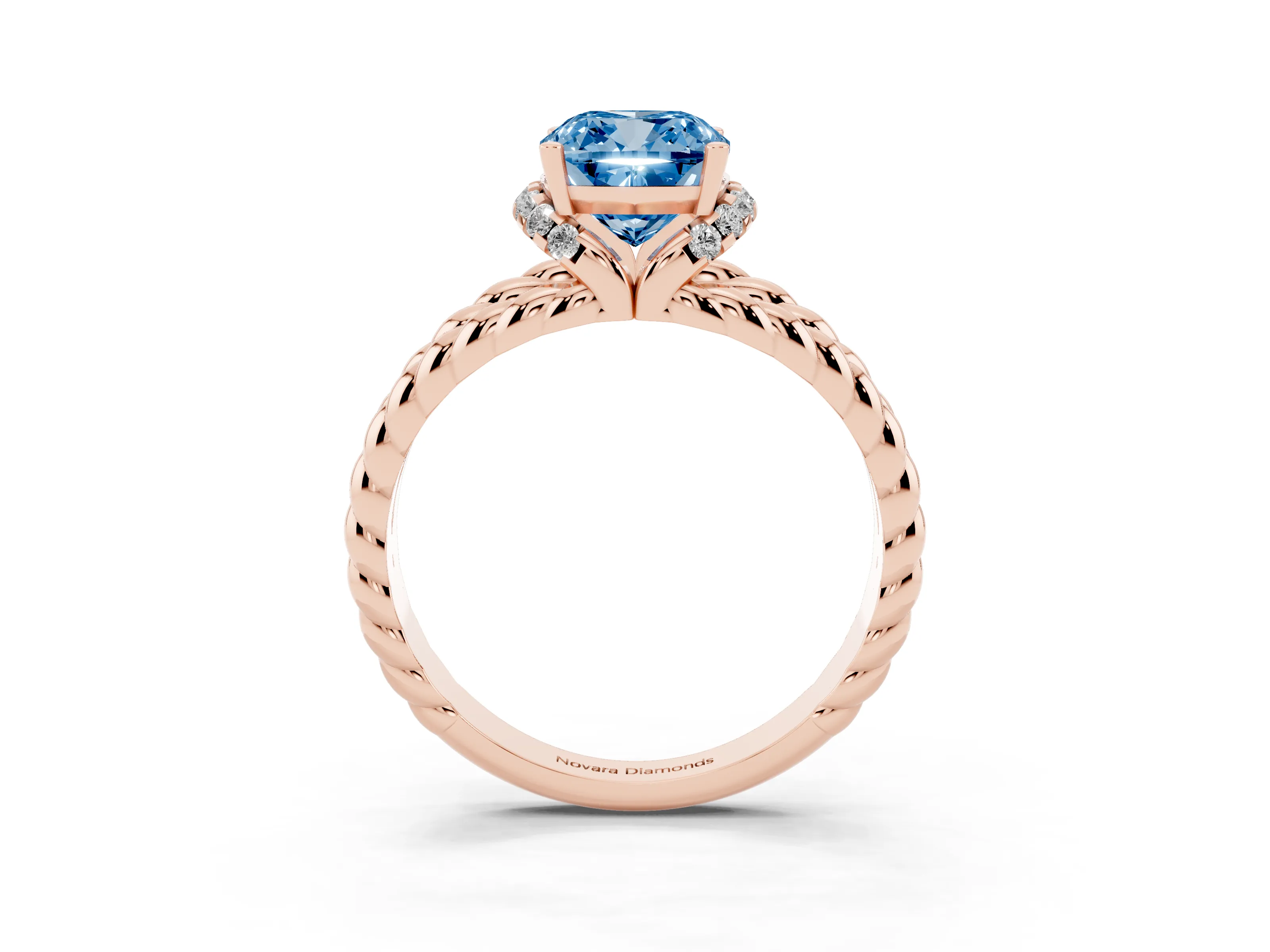 Fancy Blue Cushion Cut Diamond Halo Ring Set in Rose gold with Twisted Band and Prong Setting
