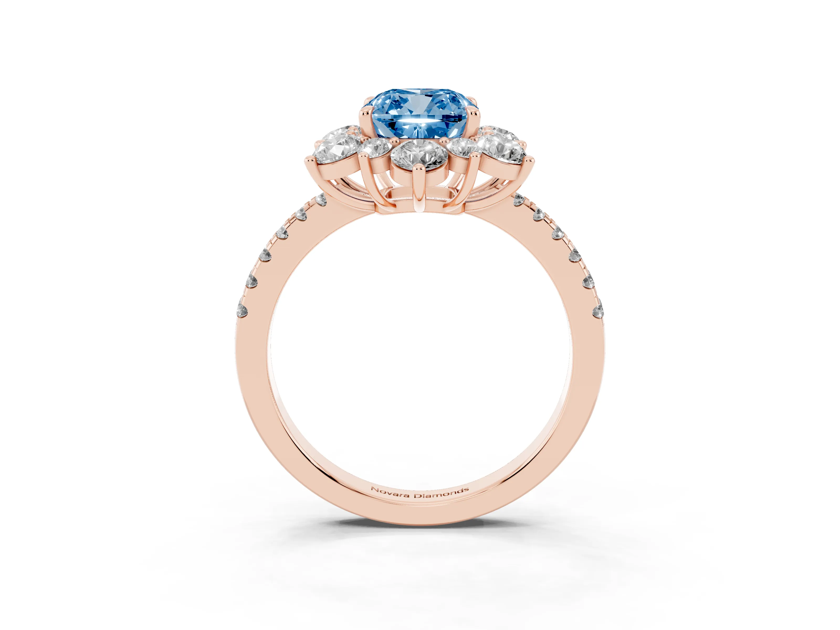 Fancy Blue Cushion Cut Diamond Floral Halo Ring Set in Rose gold with Round Pavé Band and Prong Setting