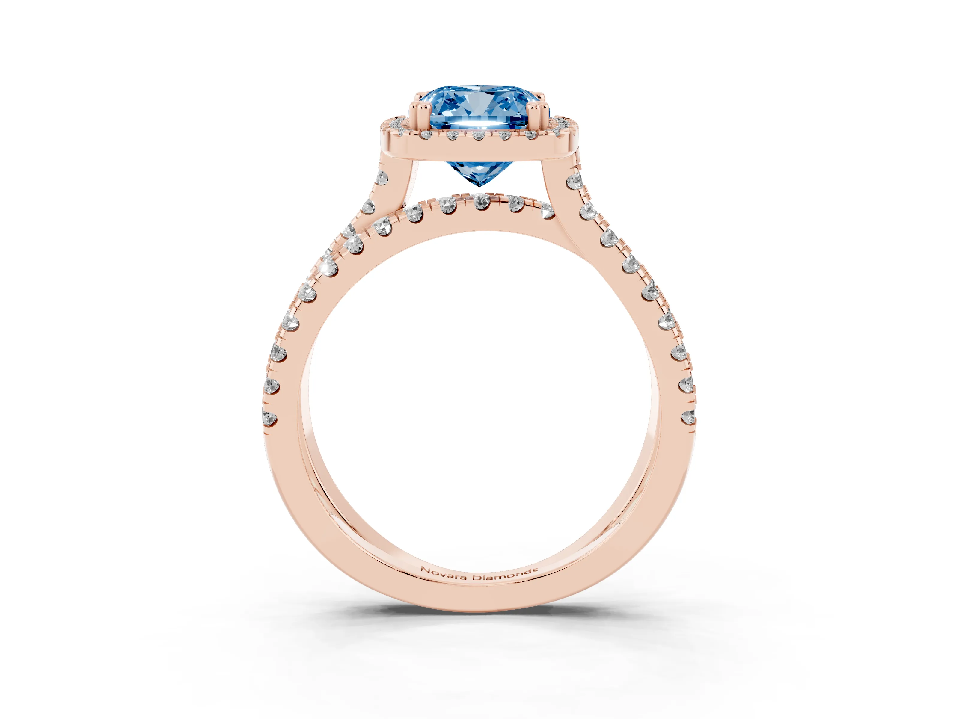 Fancy Blue Cushion Cut Diamond Halo Split Shank Ring Set in Rose gold with Pavé Setting