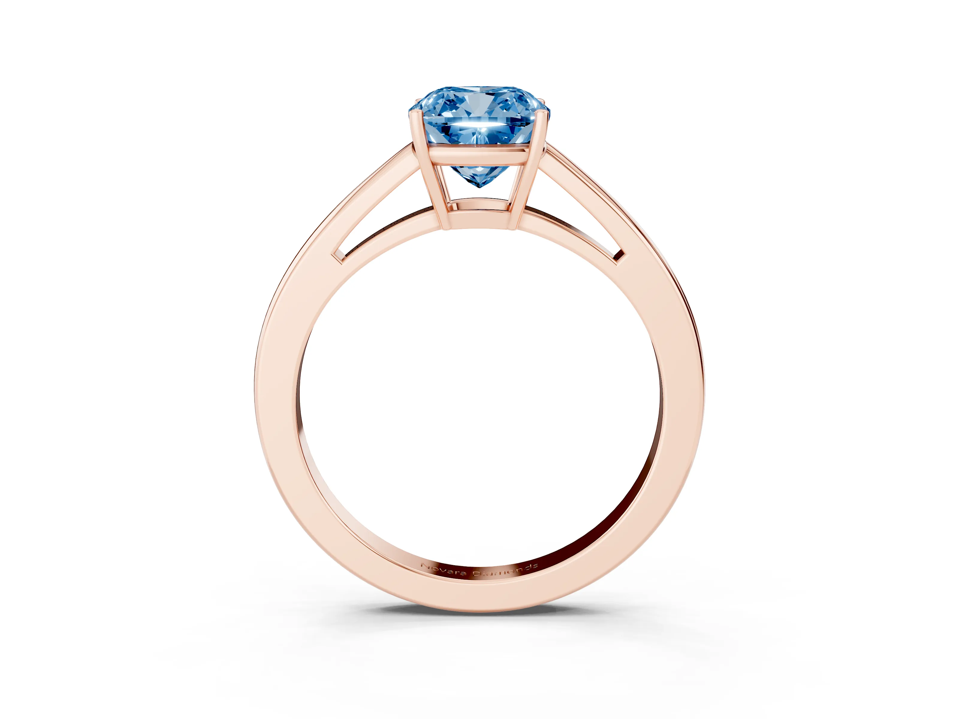 Fancy Blue Cushion Cut Diamond Solitaire Ring Set in Rose gold with Split Shank and Prong Setting